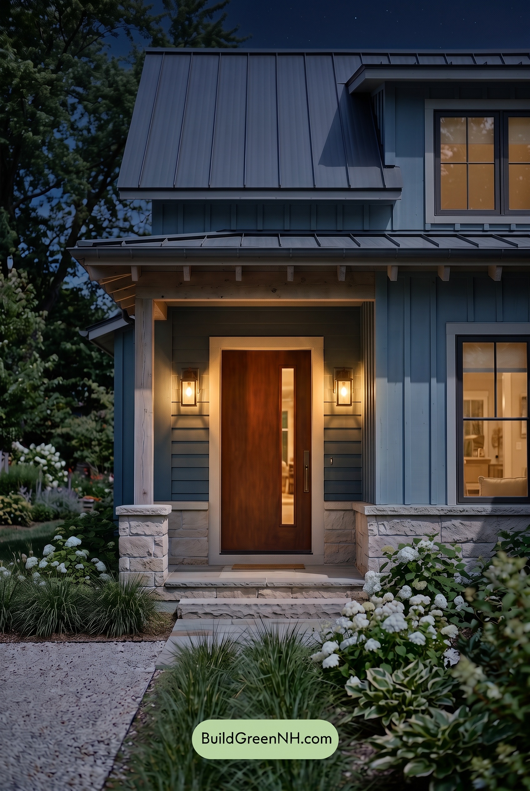 Blue House Front Door Color Scheme: Tidewashed Copper Entry - Nighttime