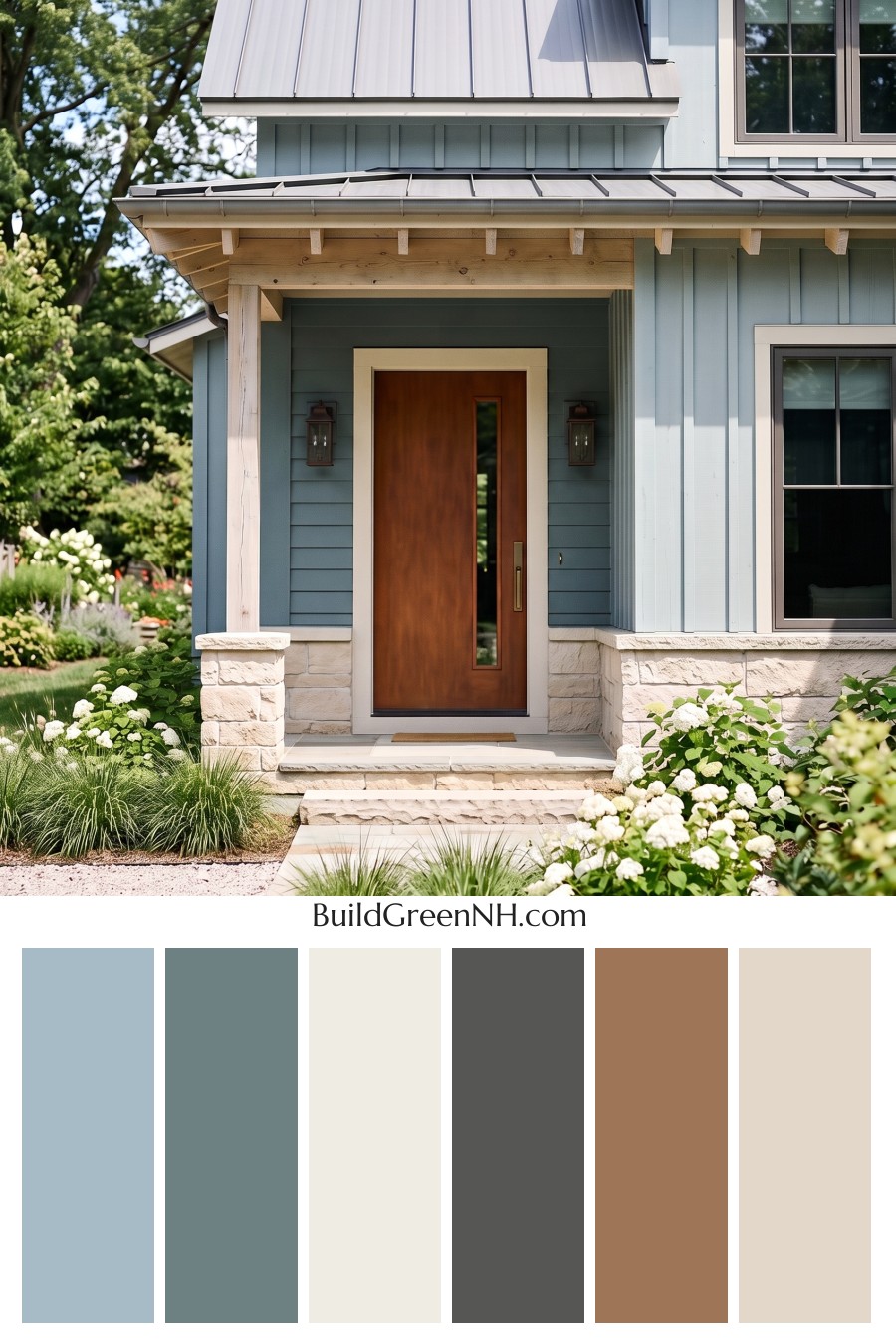 Blue House Front Door Color Scheme: Tidewashed Copper Entry