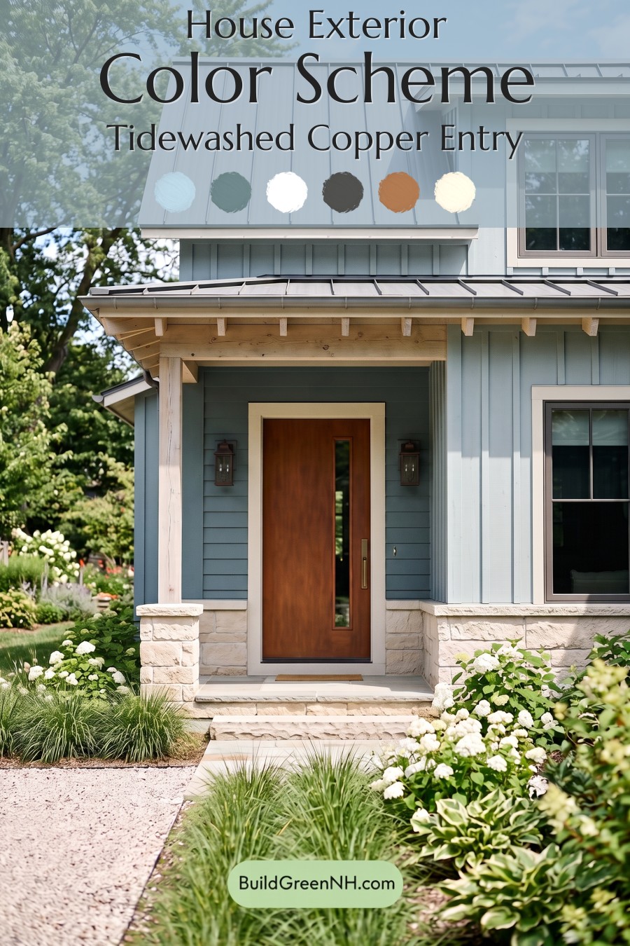 Blue House Front Door Color Scheme: Tidewashed Copper Entry