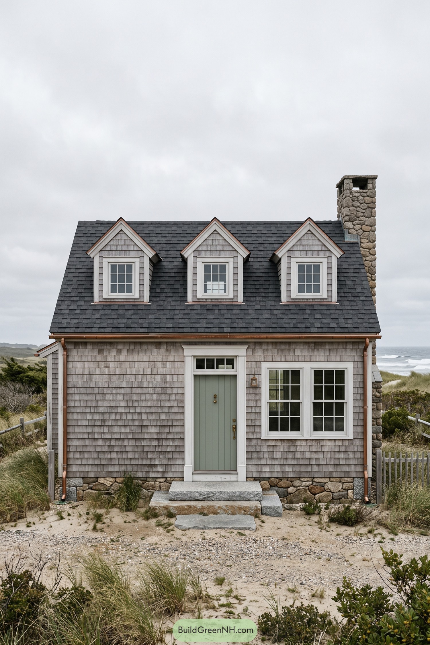 Shingled Cape Cod cottage with three dormers, a sage green door, copper gutters, and a stone chimney