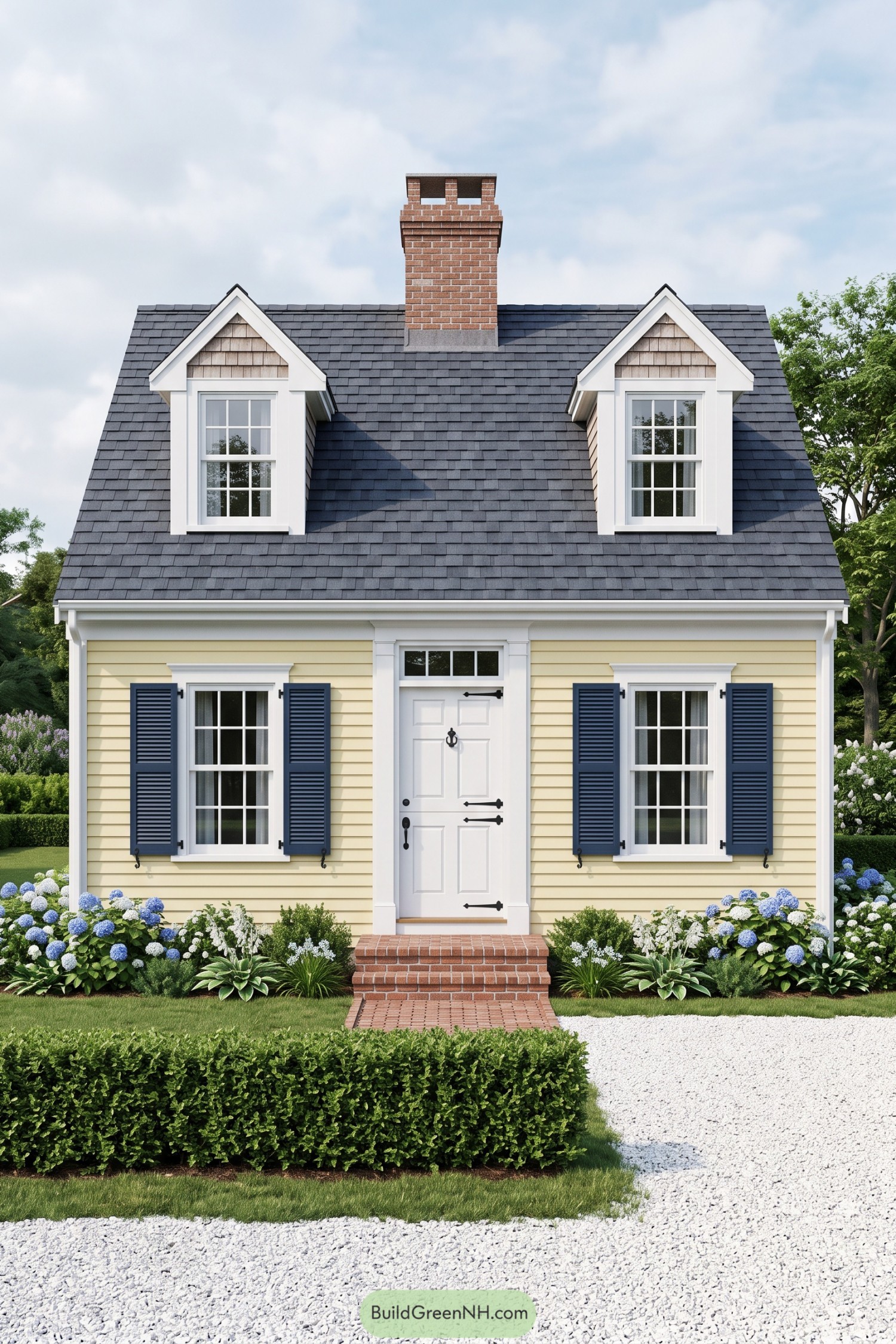 Yellow Cape Cod house with navy shutters twin dormers a brick chimney and hydrangea borders