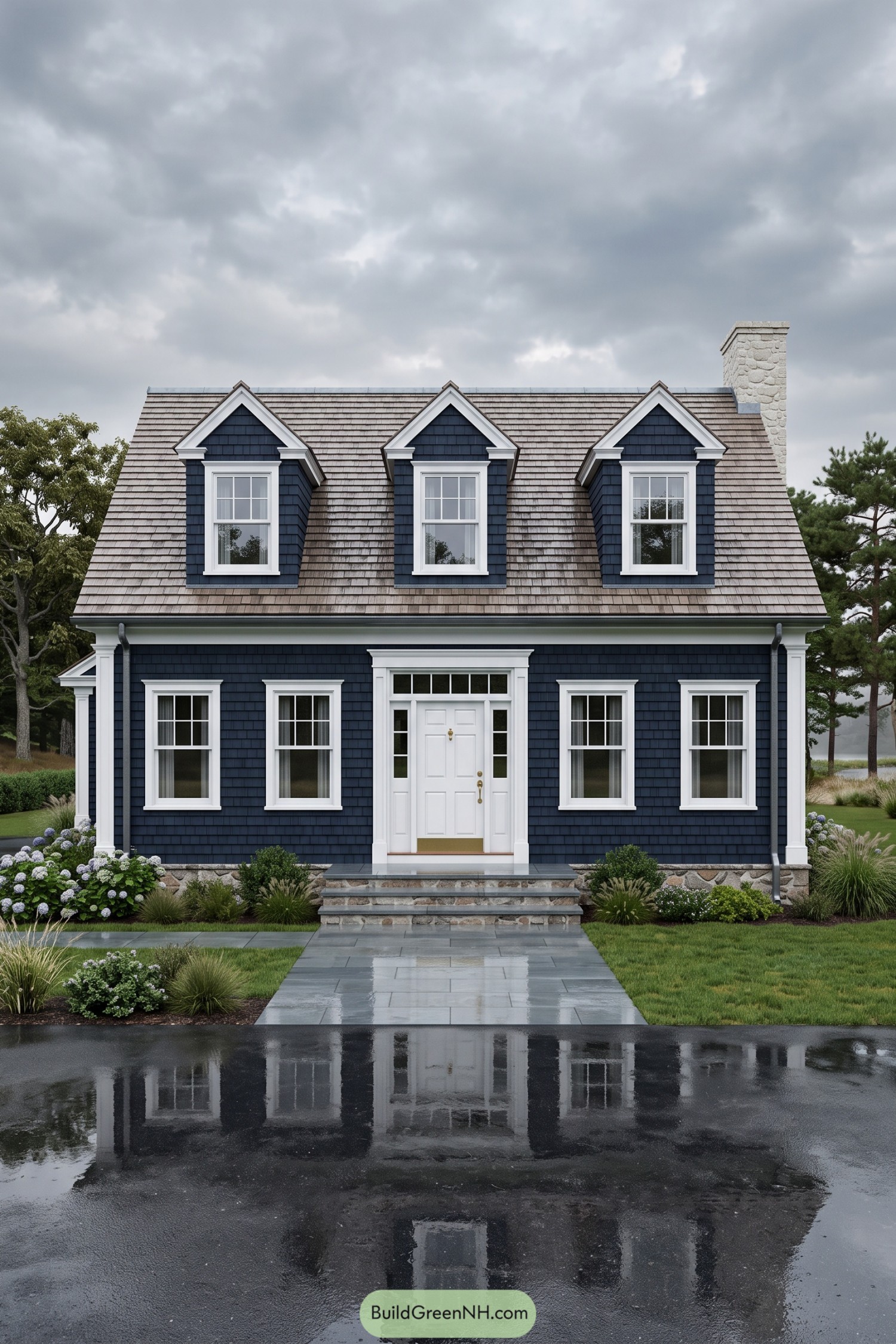 Navy shingled Cape Cod with three dormers, white trim, a stone chimney, and hydrangeas bordering the front steps