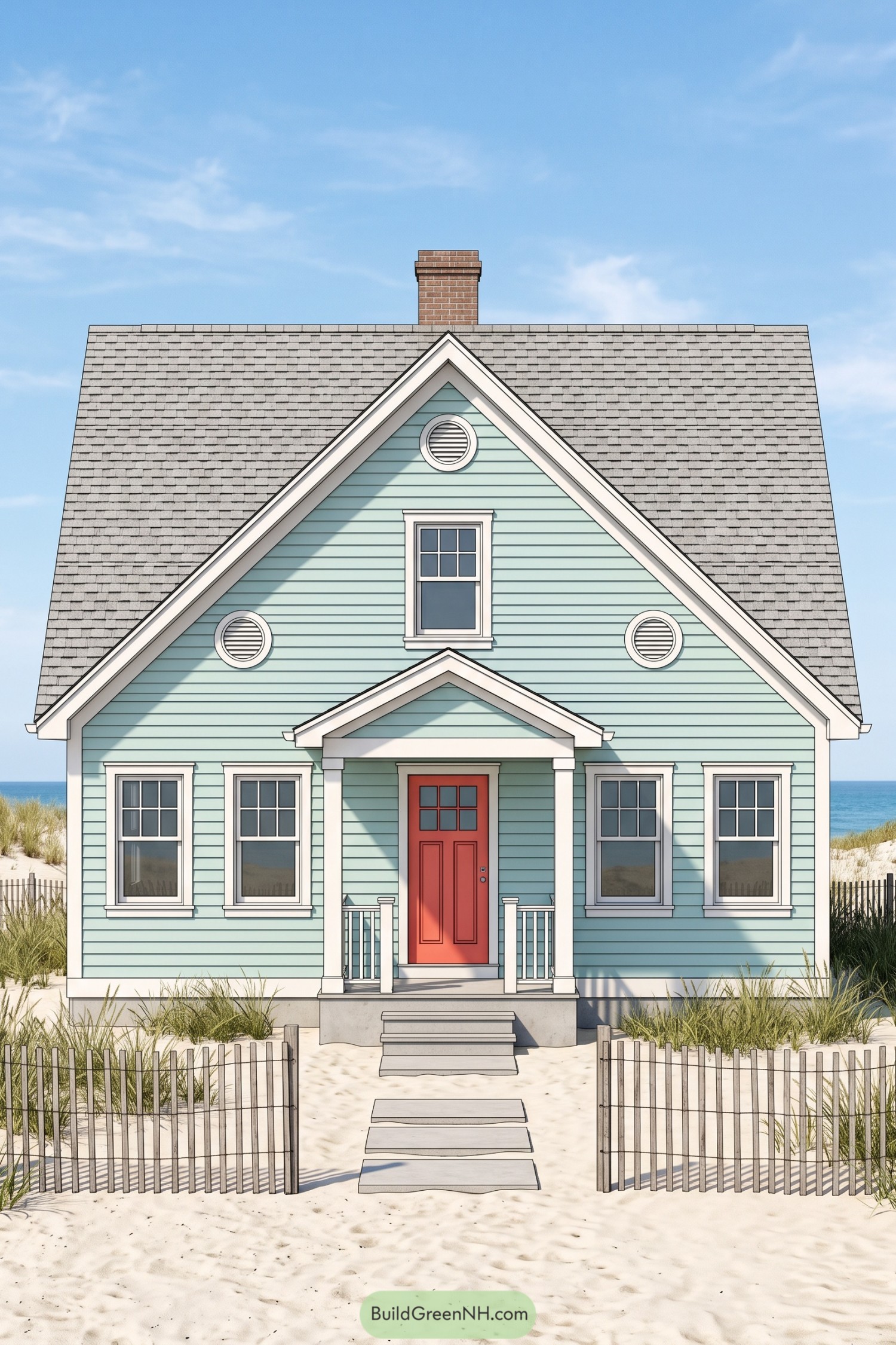 Seafoam Cape Cod house with white trim, circular gable vents, a coral front door, and a small porch surrounded by dunes