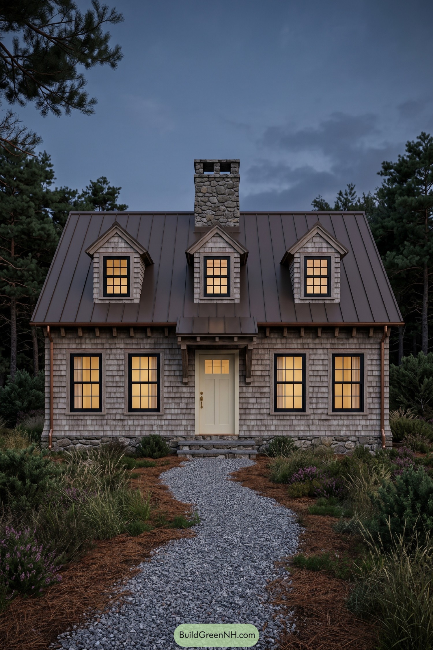 Shingled Cape Cod house with three dormers a stone chimney black window frames and a winding gravel path