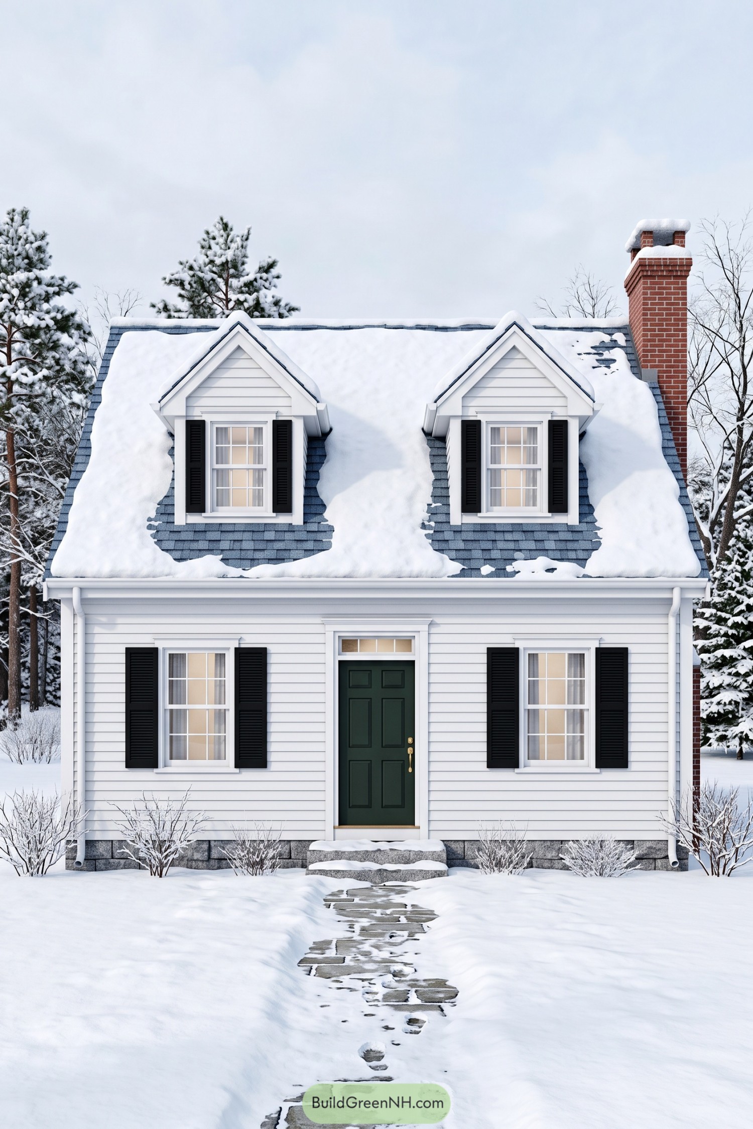 White Cape Cod house with twin dormers, black shutters, a dark green door, and a brick chimney in snow