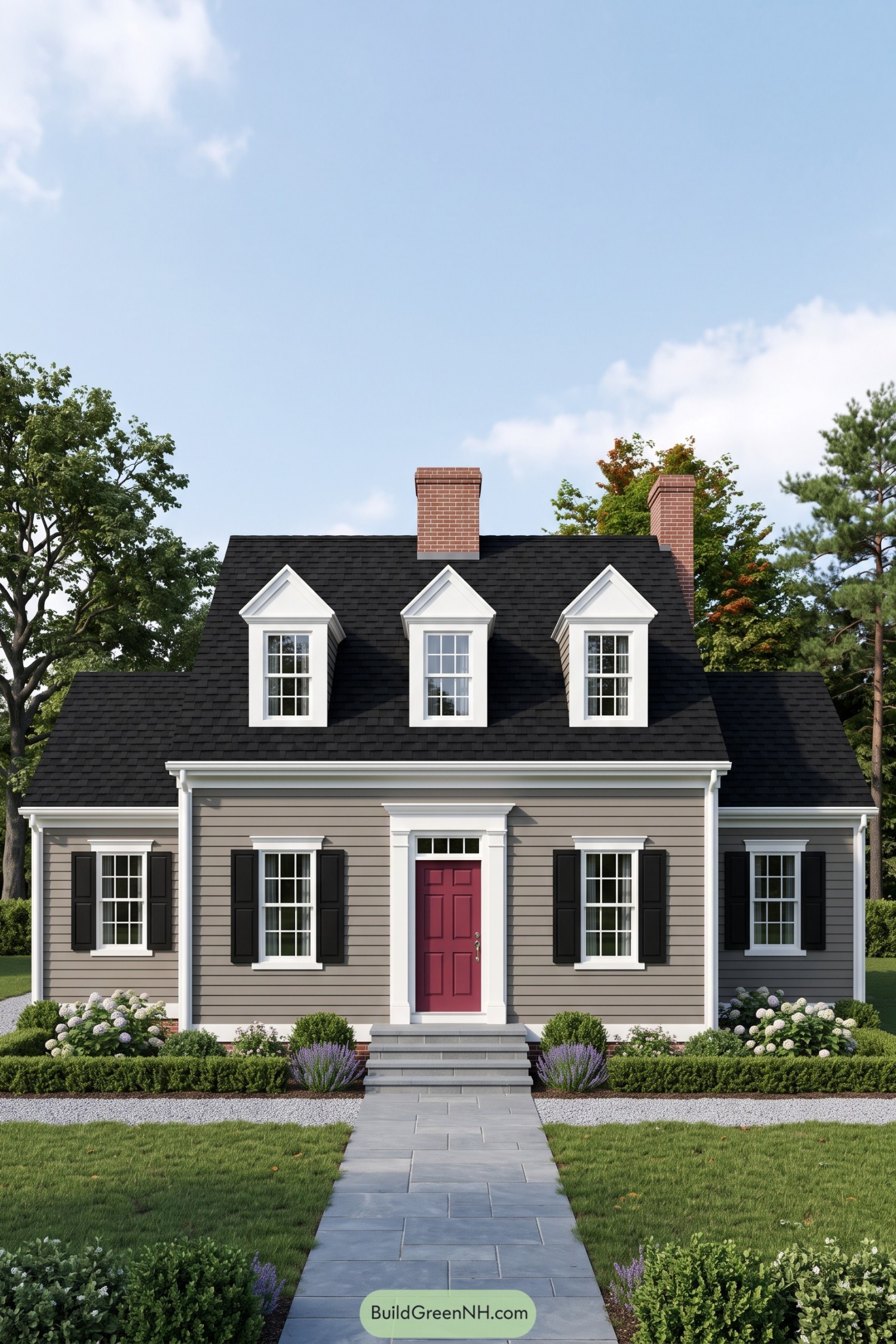 Taupe Cape Cod house with three white dormers, twin brick chimneys, black shutters, and a cranberry front door