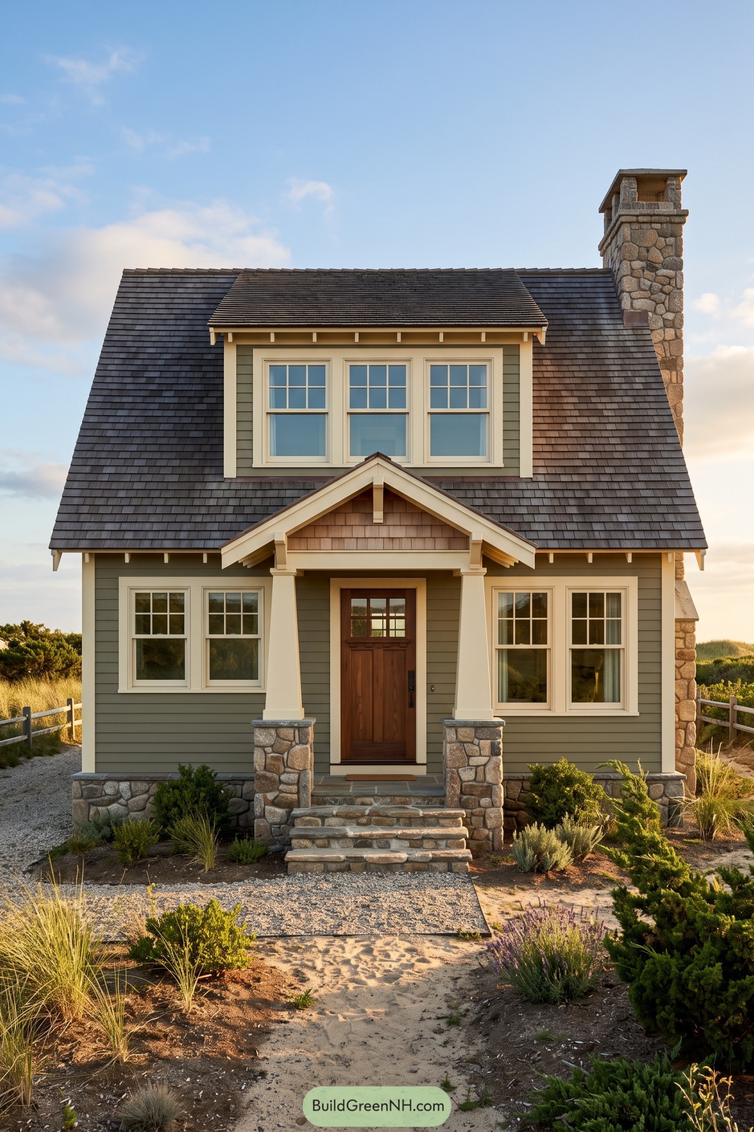 Cape Cod house with gray green siding, a broad dormer, tapered porch columns, and a tall stone chimney