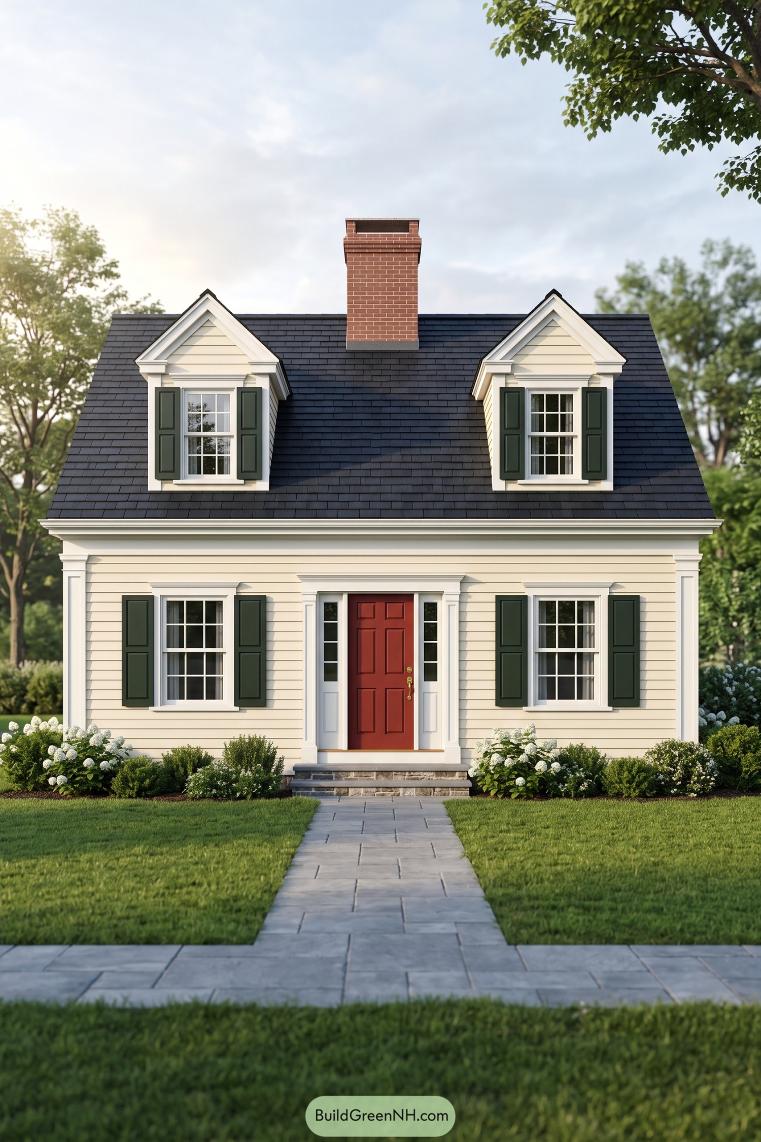 Cream Cape Cod house with twin dormers, green shutters, a red front door, and a central brick chimney