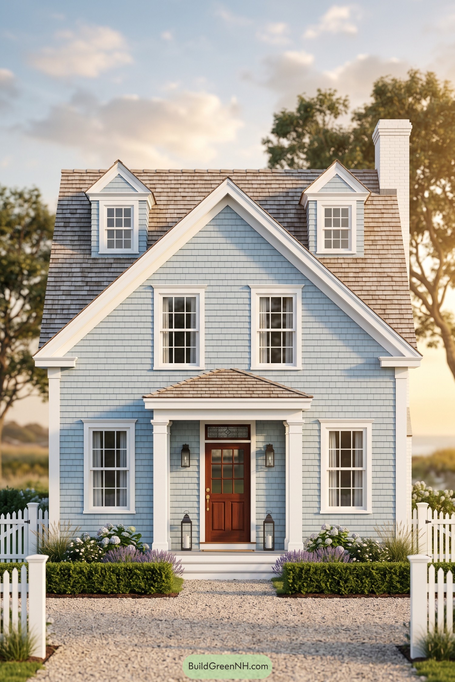 Pale blue Cape Cod house with white trim, twin dormers, a columned entry, and a white picket fence