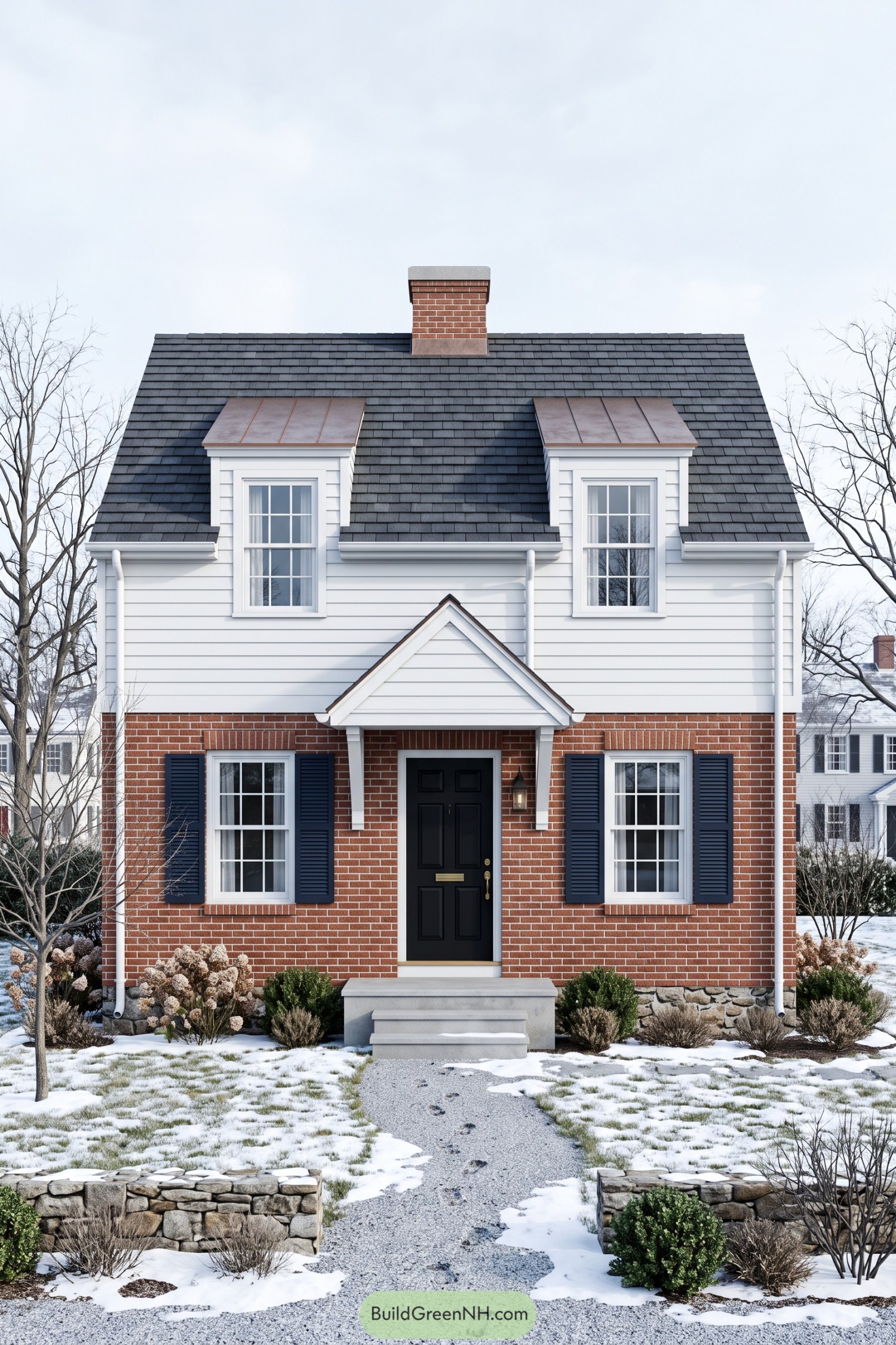 Cape Cod house with red brick white siding twin dormers and a black front door framed by snowy landscaping