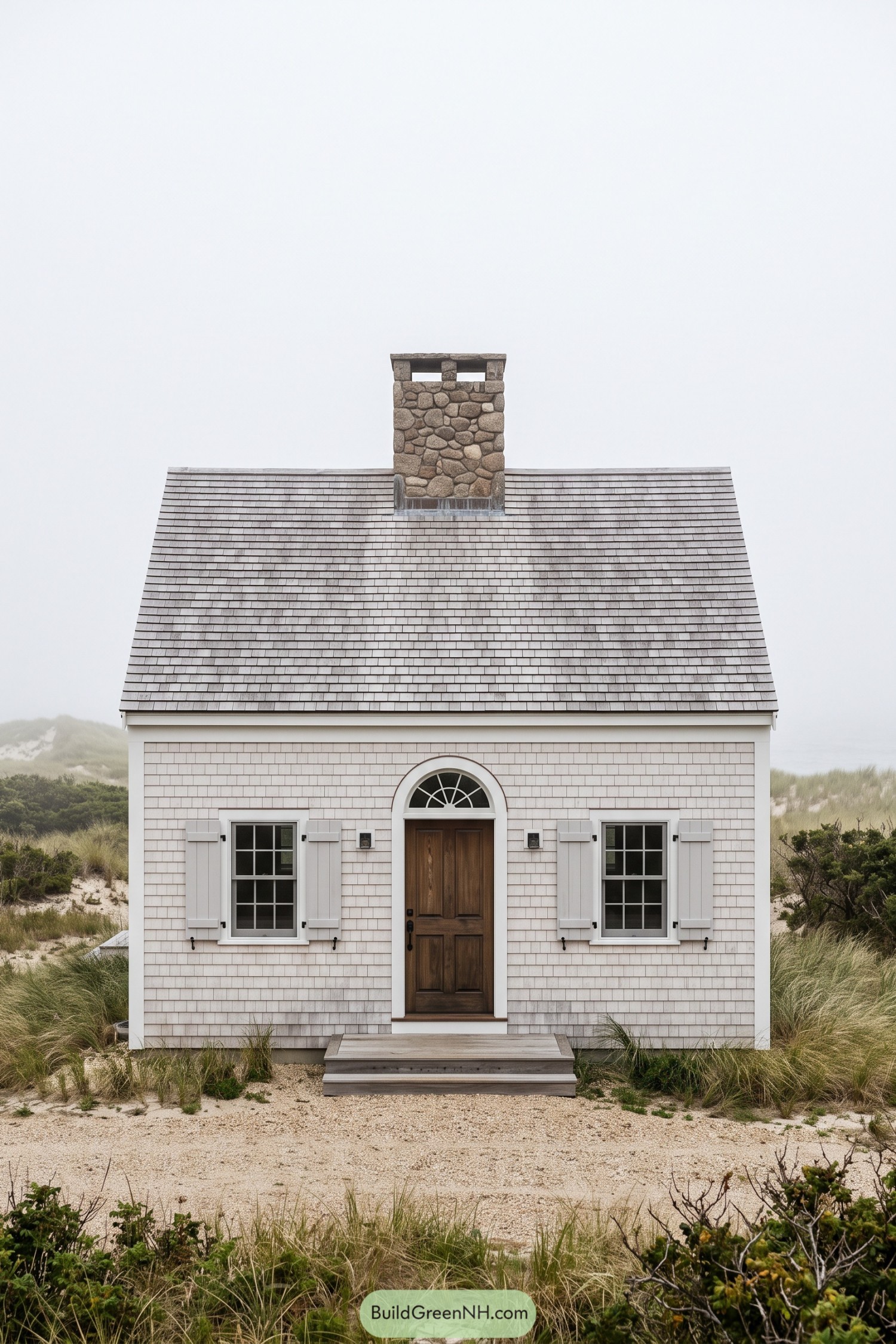 Cape Cod cottage with pale shingles, white shutters, a wooden door beneath an arched fanlight, and a central stone chimney