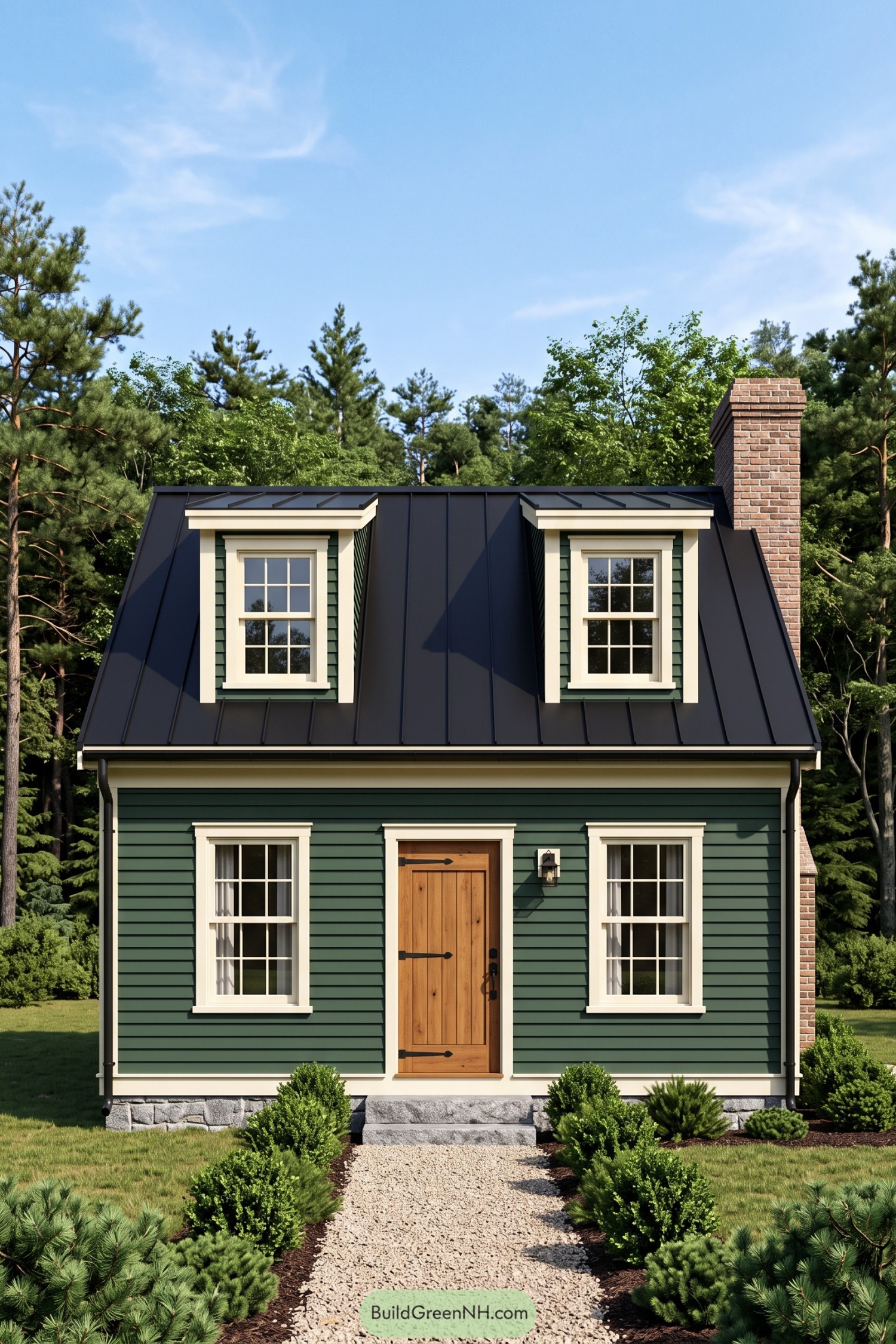 Forest green Cape Cod house with cream trim twin dormers a black metal roof and a wooden front door