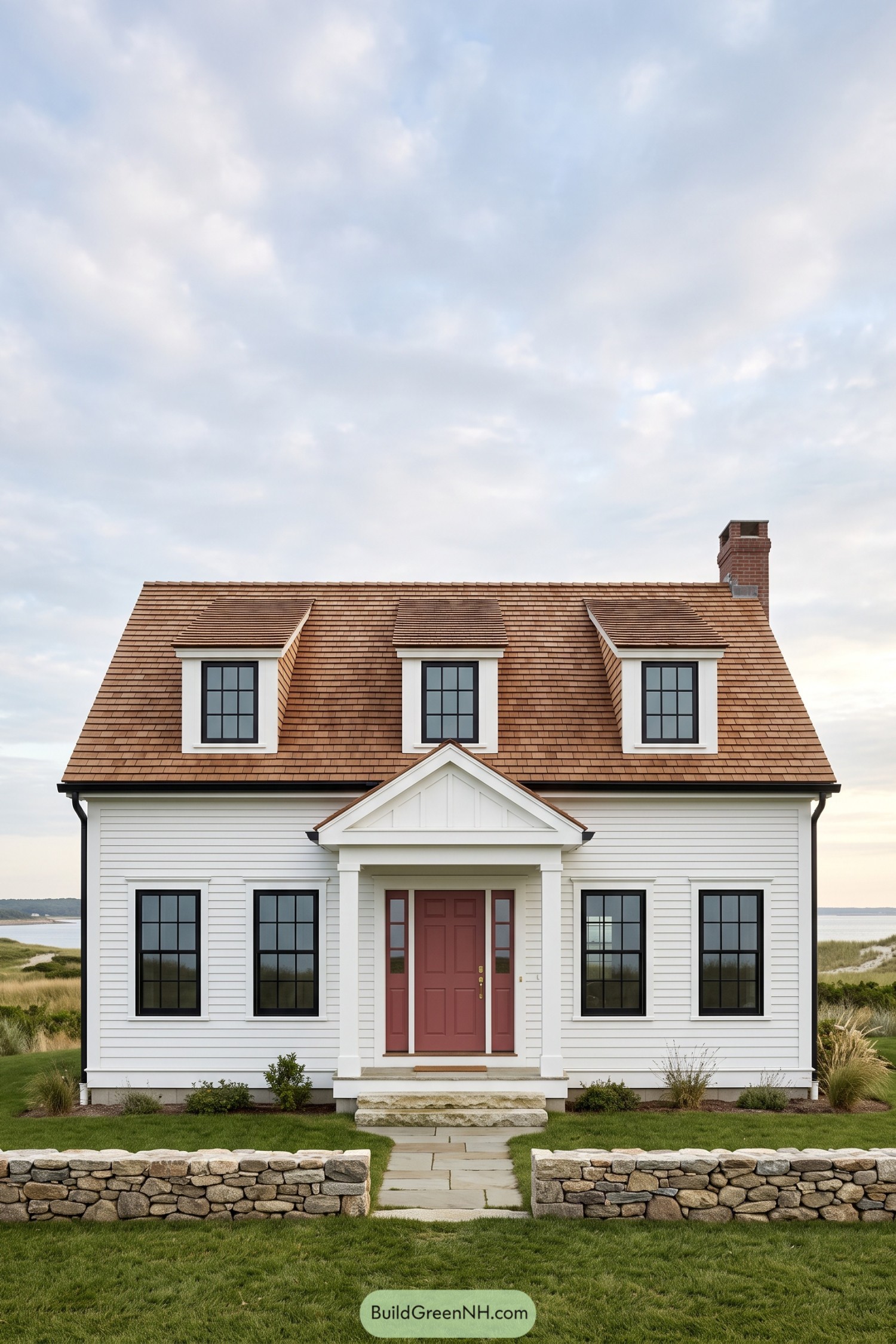 White Cape Cod house with three dormers, a muted red front door, black window frames, and a low fieldstone wall