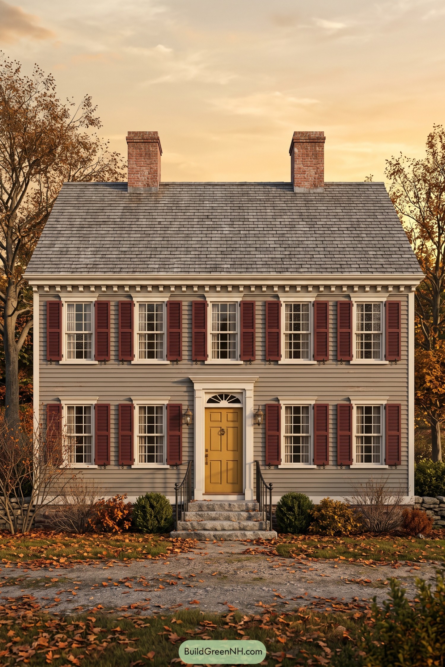 Gray clapboard house with burgundy shutters, a mustard yellow door, twin brick chimneys, and white classical trim