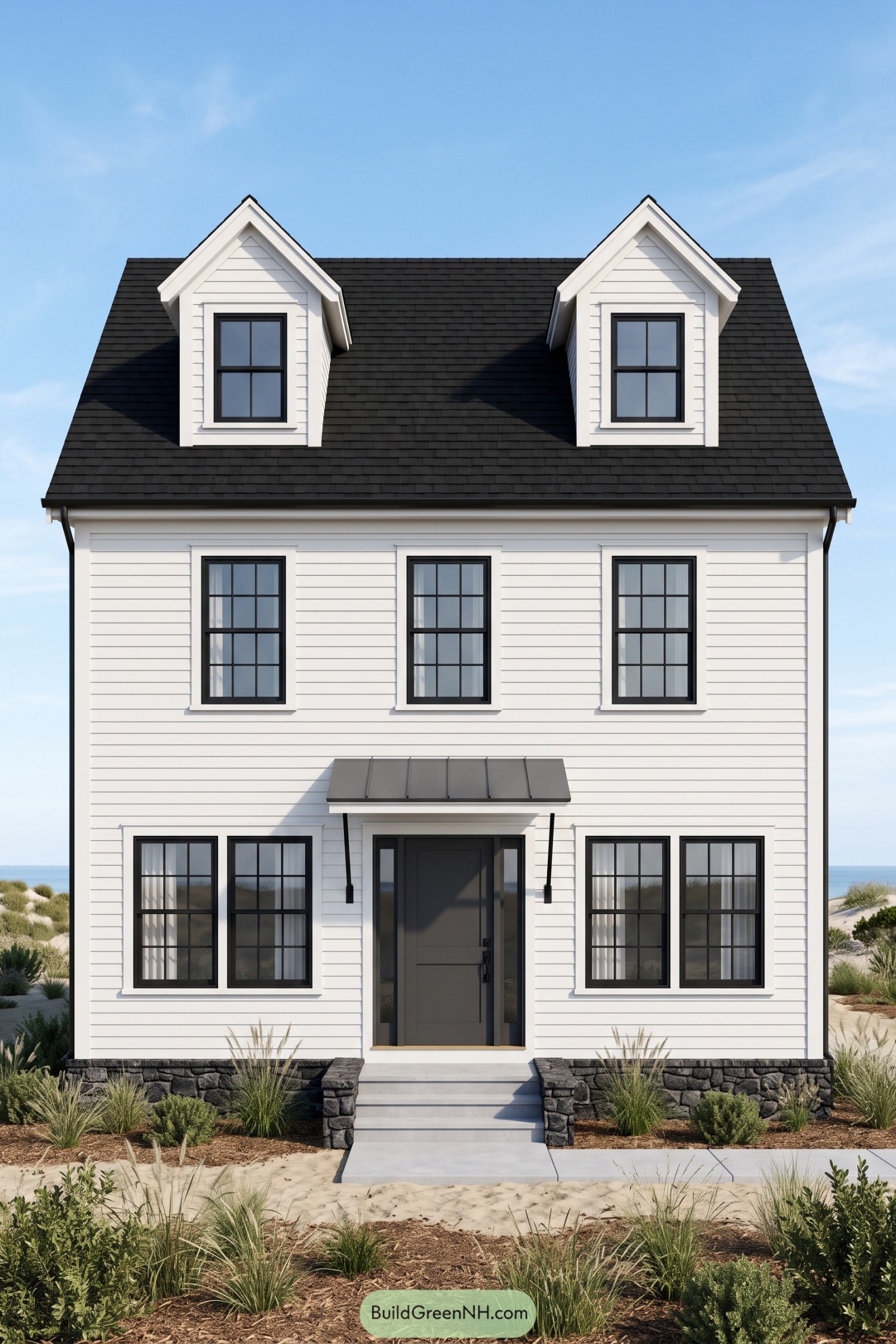 White Cape Cod house with black windows twin dormers a metal entry canopy and a dark stone foundation
