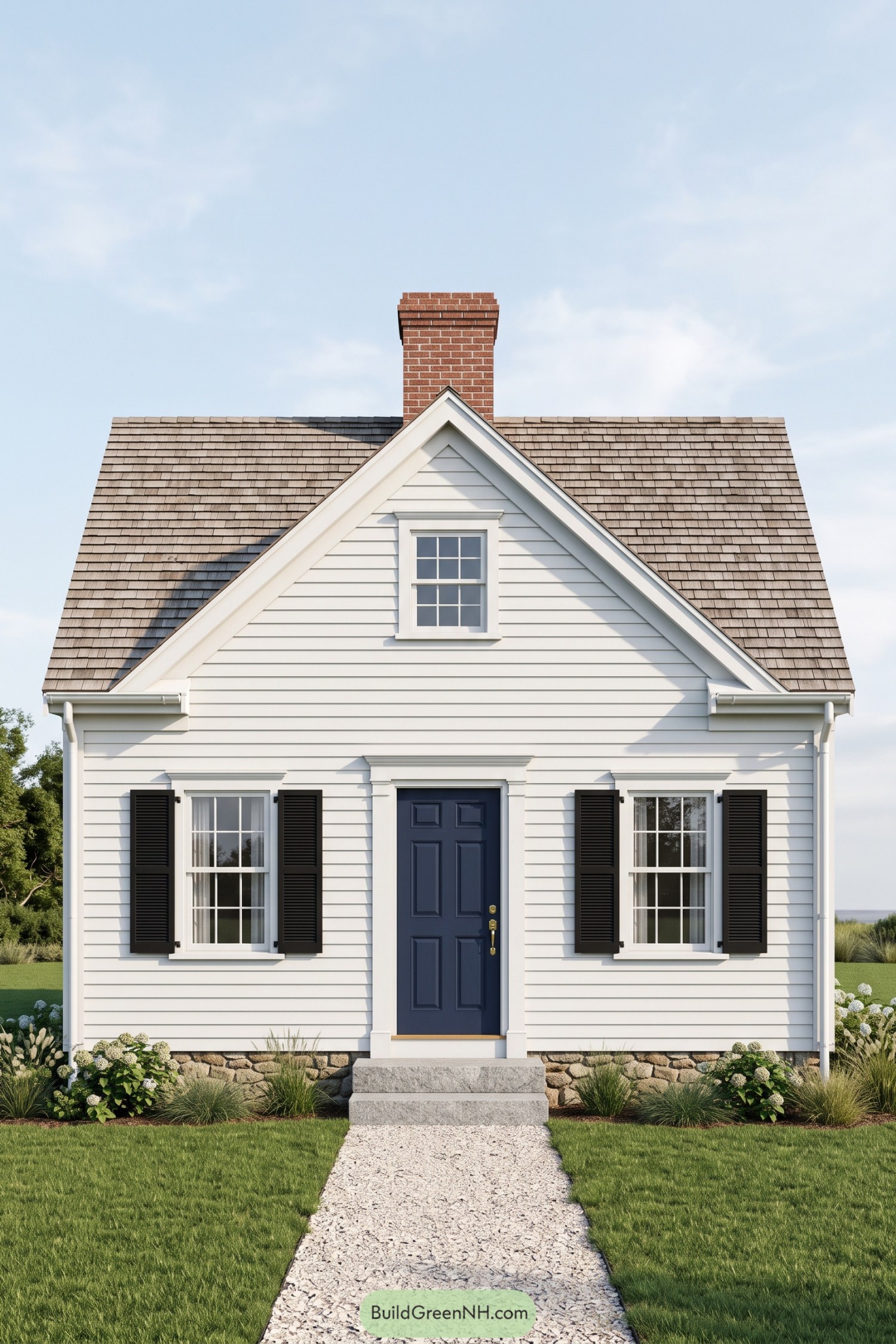 White Cape Cod house with a navy door, black shutters, a prominent front gable, and a brick chimney