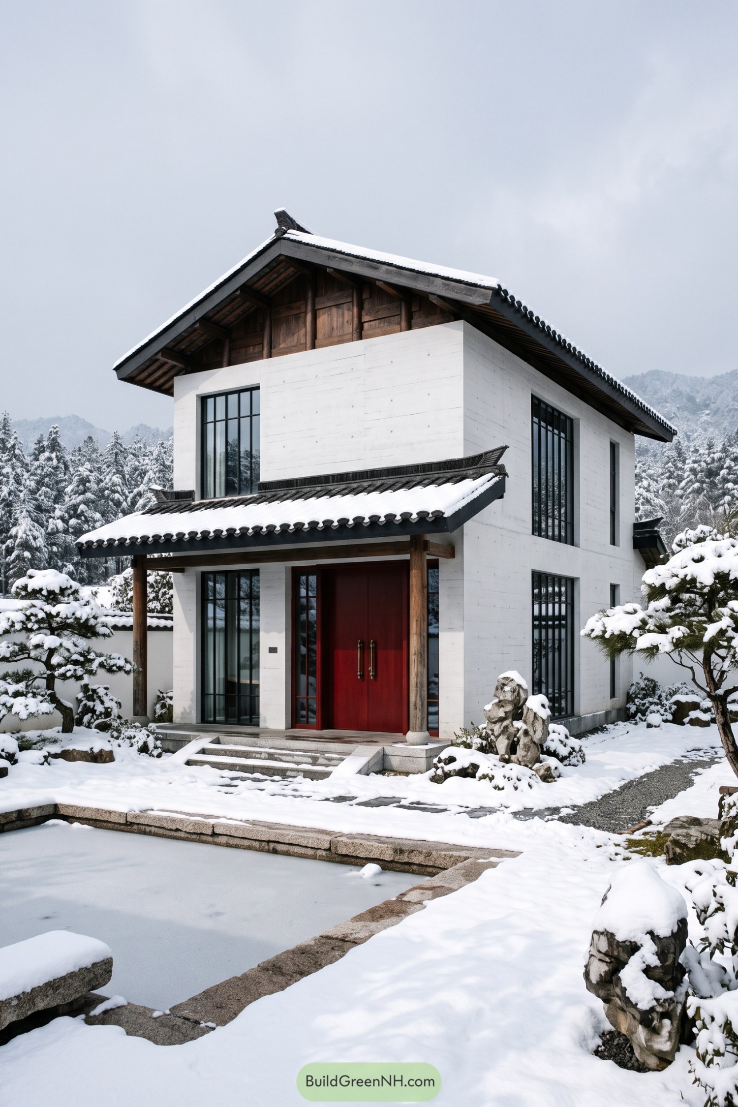 Chinese style home with snow covered tiled roofs and red entry doors