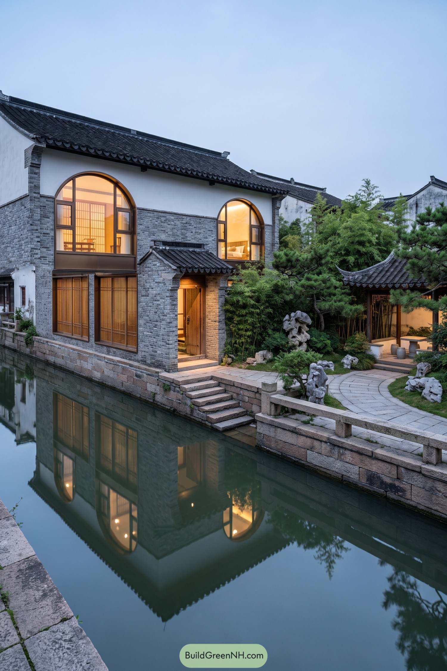 Grey brick Chinese house beside a canal with arched windows and garden pavilion