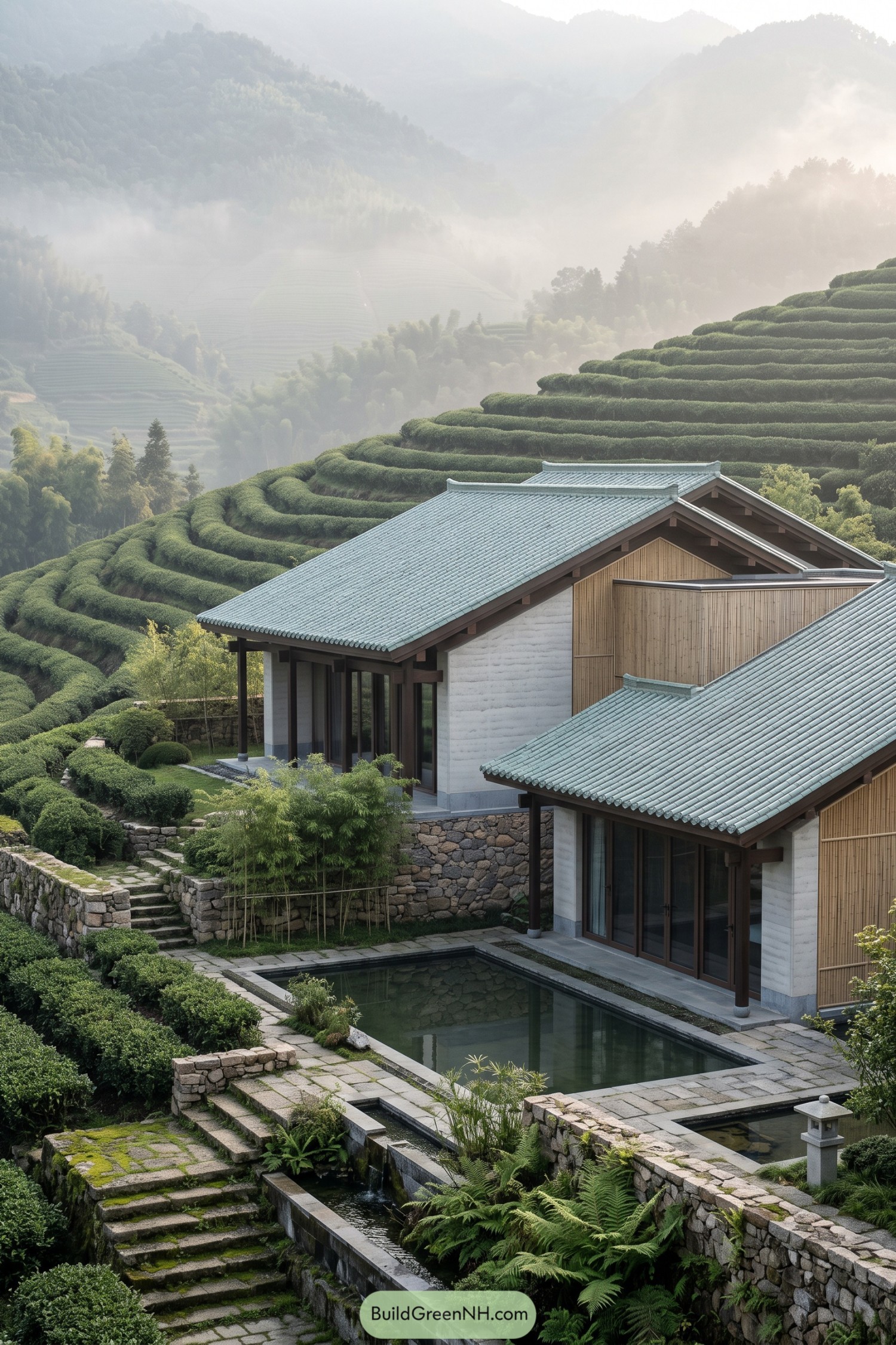 Chinese style residence with celadon roofs beside misty tea terraces and reflecting pools