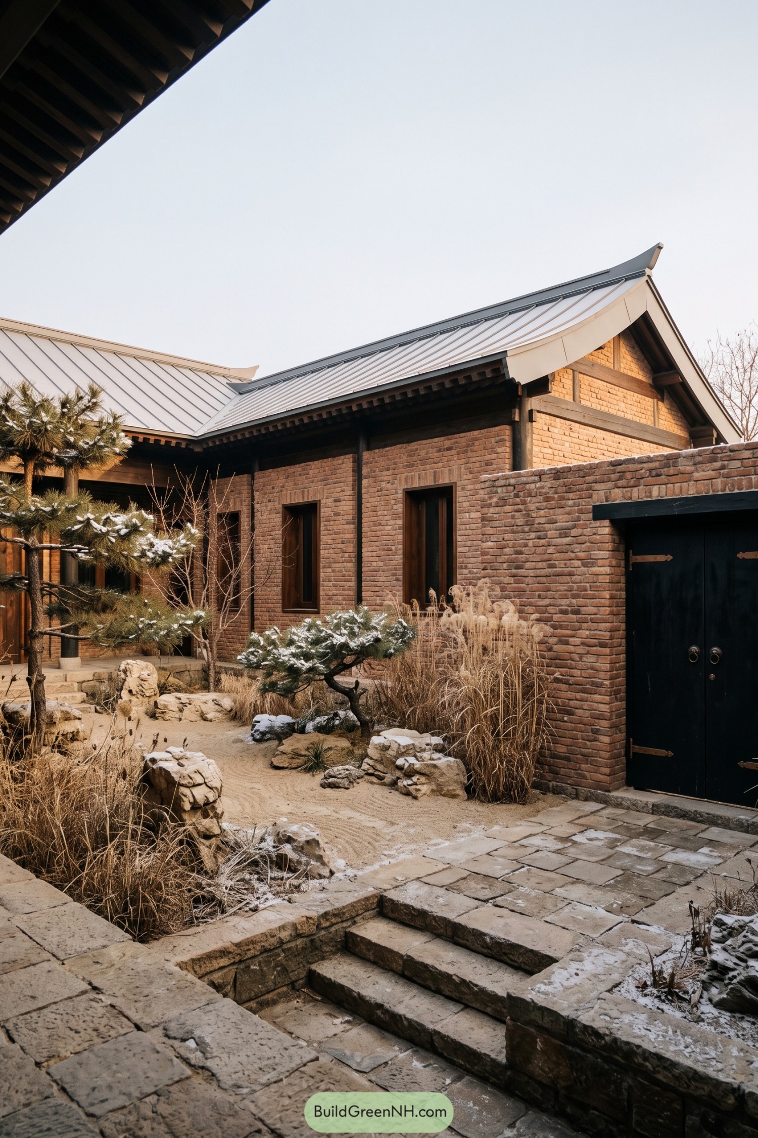 Brick courtyard house with curved metal roofs and snowy pines