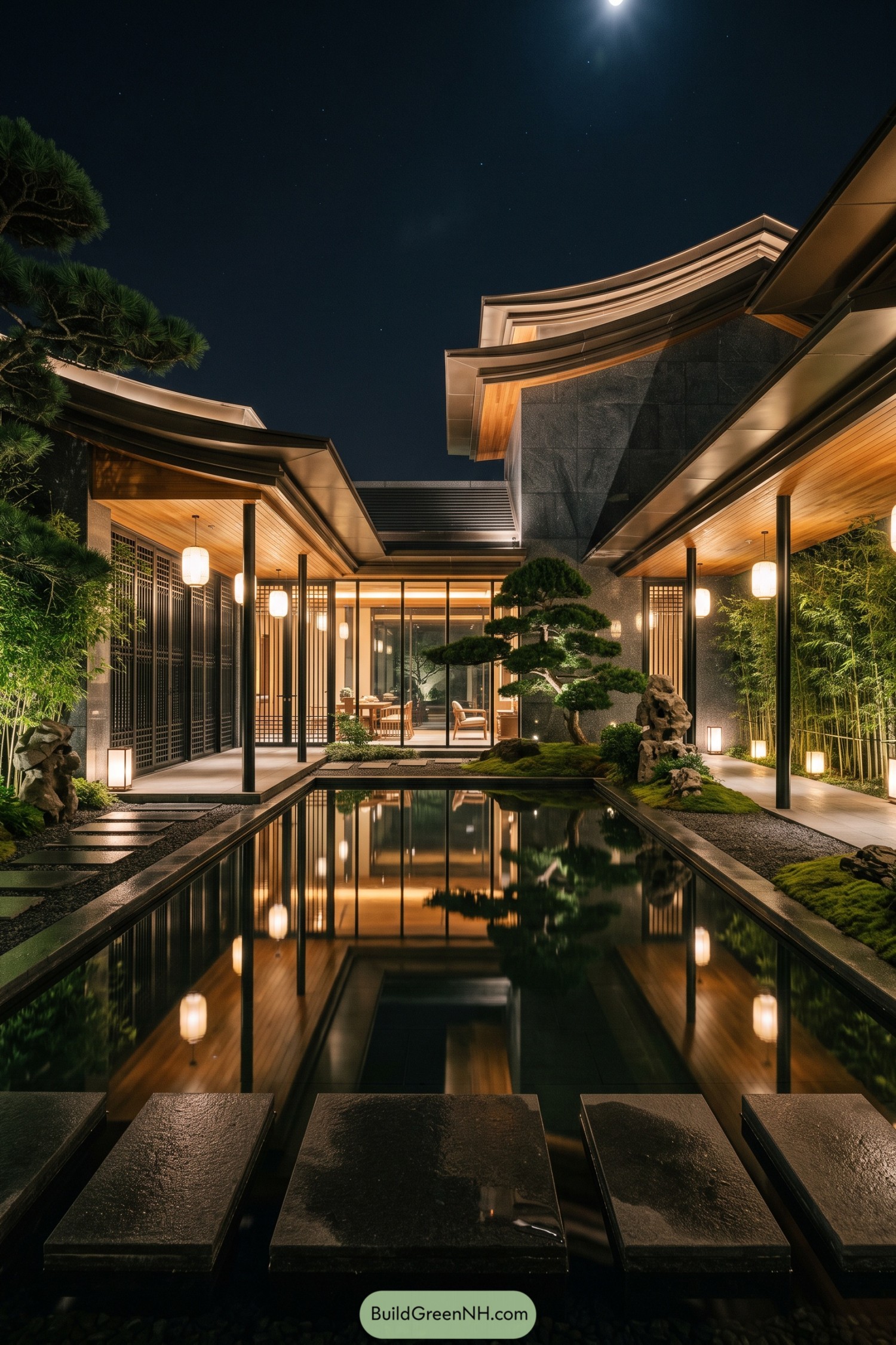Contemporary Chinese courtyard home with reflecting pool at night