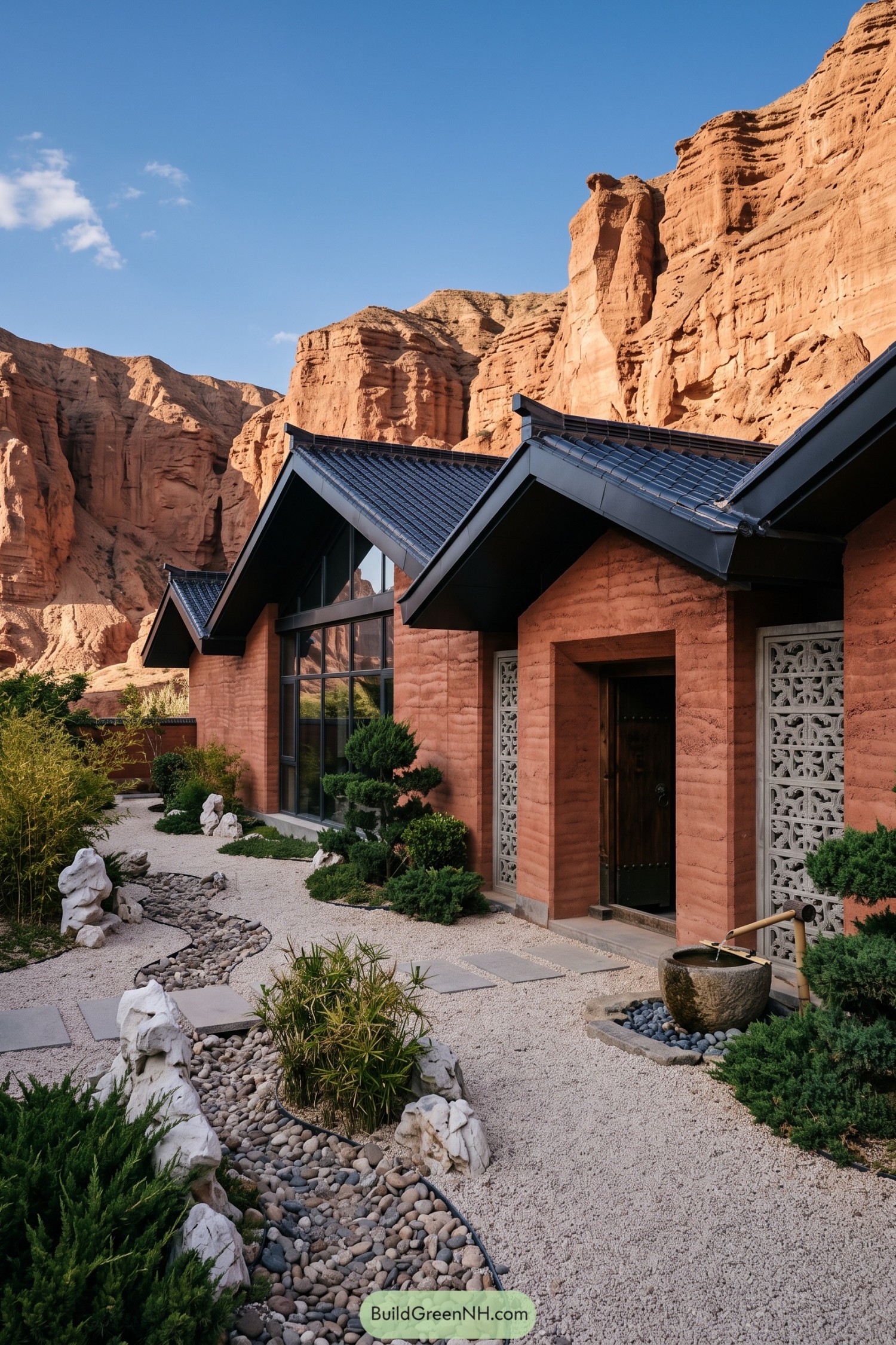 Chinese-inspired rammed earth home beneath sandstone cliffs
