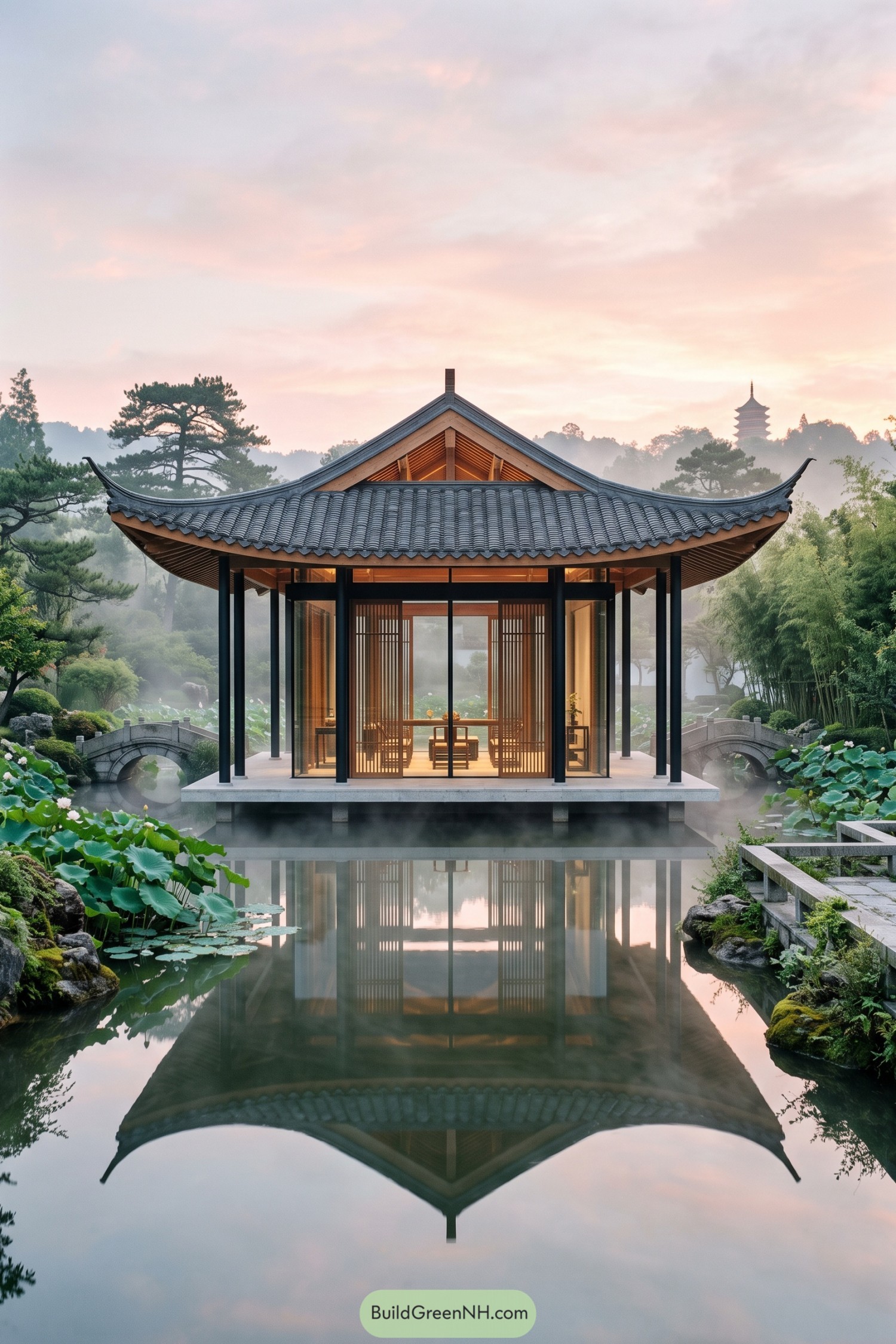 Contemporary Chinese pavilion above a lotus pond