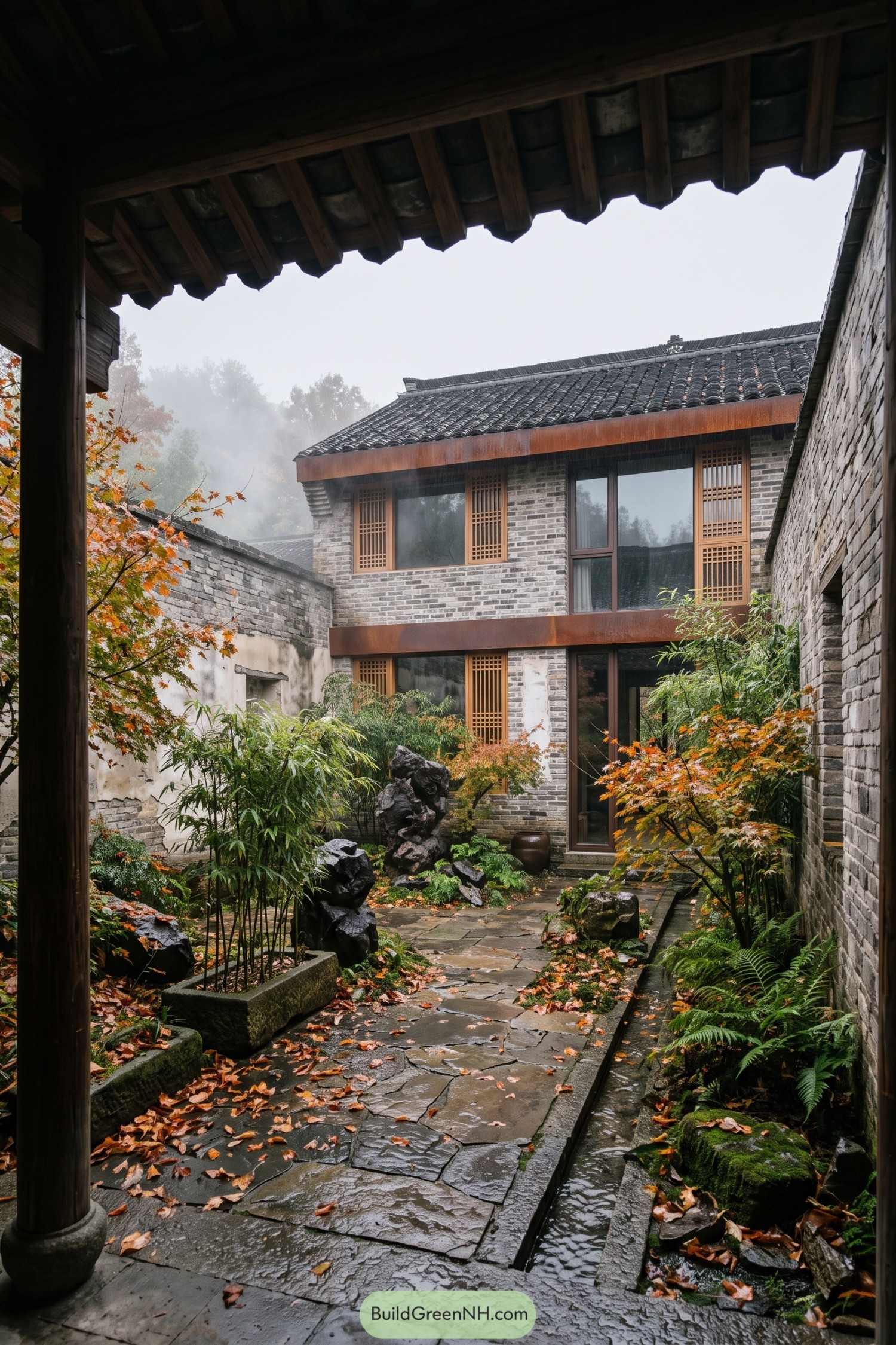 Rainy brick courtyard with maple trees and stone path