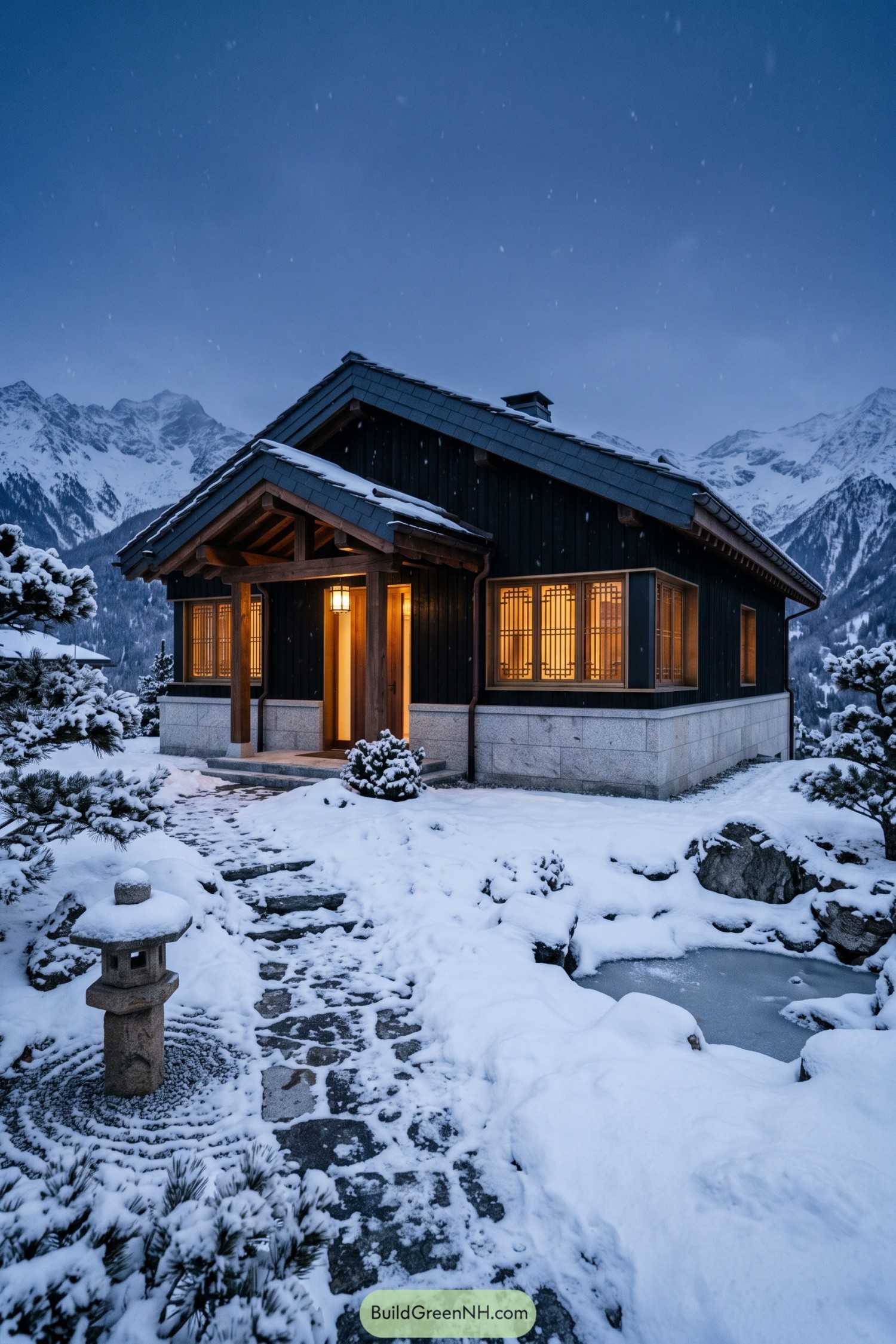 Snowy mountain home with timber porch and lattice windows