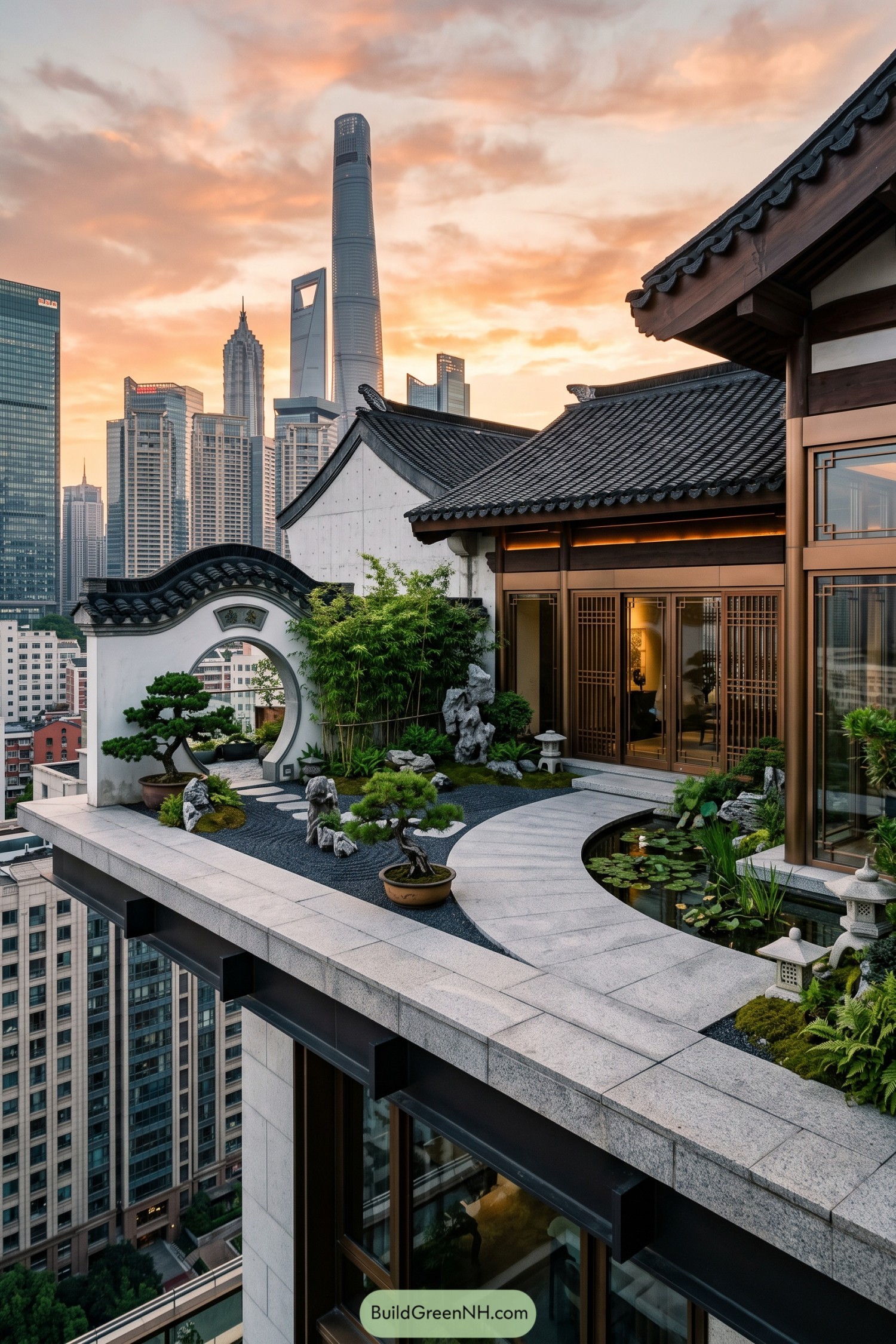 Chinese style rooftop house with tiled roofs and a moon gate garden above city towers