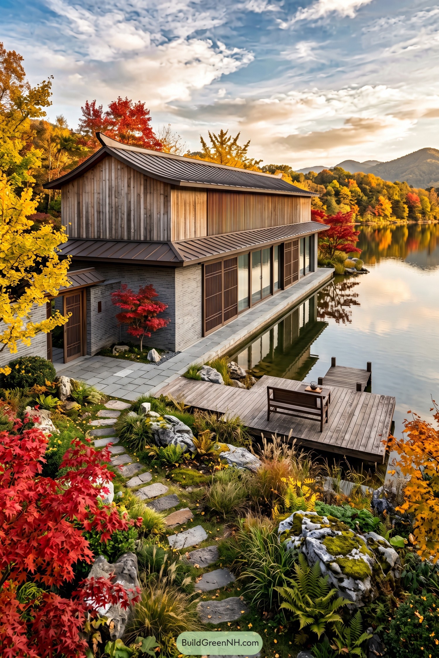 Modern Chinese style lakeside home with timber screens and curved rooflines