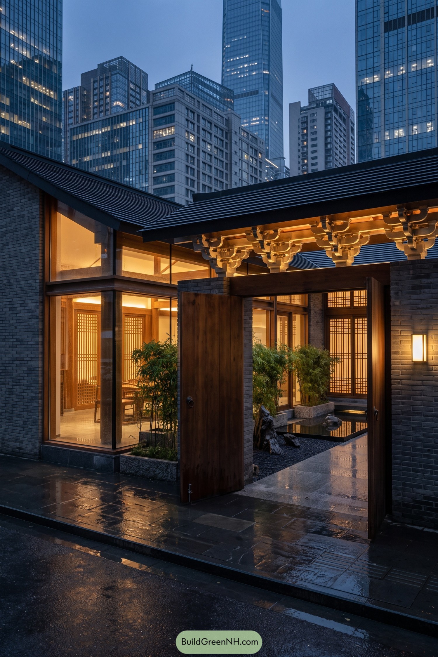 Modern Chinese courtyard home with glowing timber screens and tiled eaves