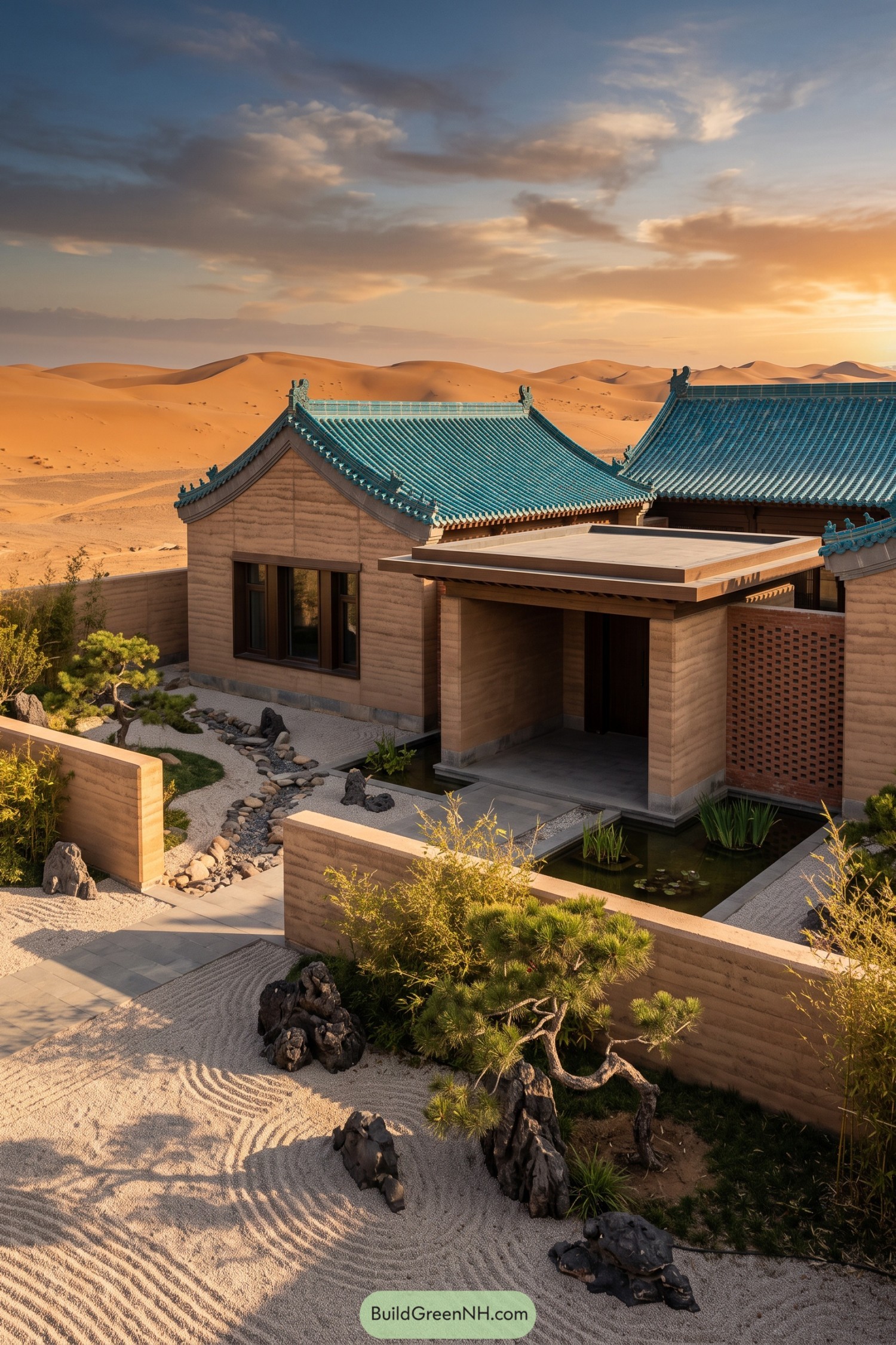 Chinese inspired desert home with teal tiled roofs and tranquil stone garden
