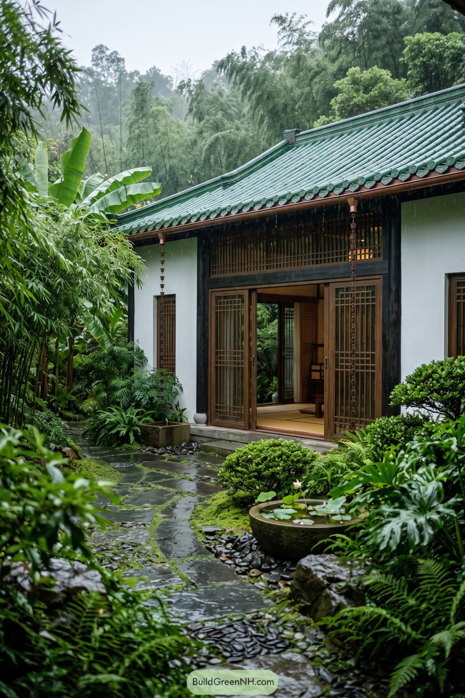 Chinese-style dwelling with green tiled roof in a rainy tropical garden