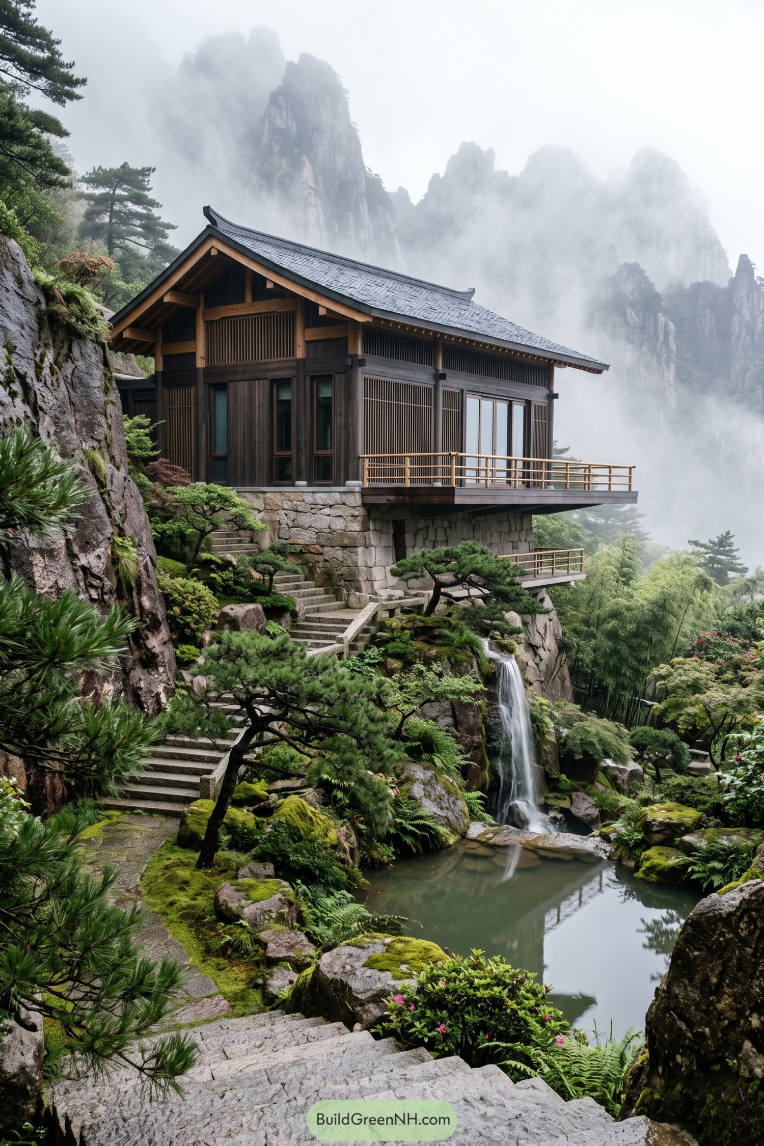 Timber mountain house above a waterfall pond