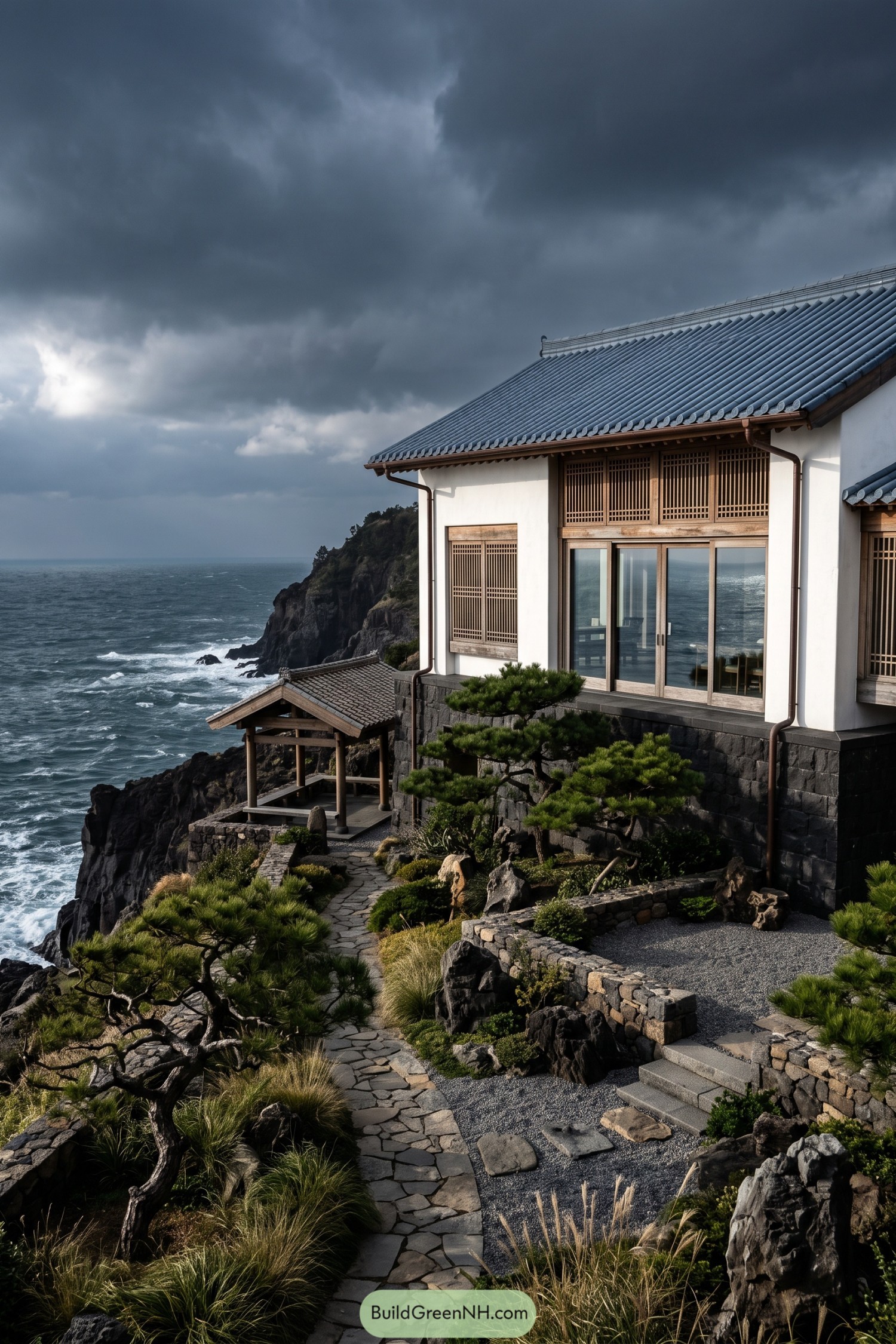 Chinese style cliffside house with tiled roof overlooking stormy sea