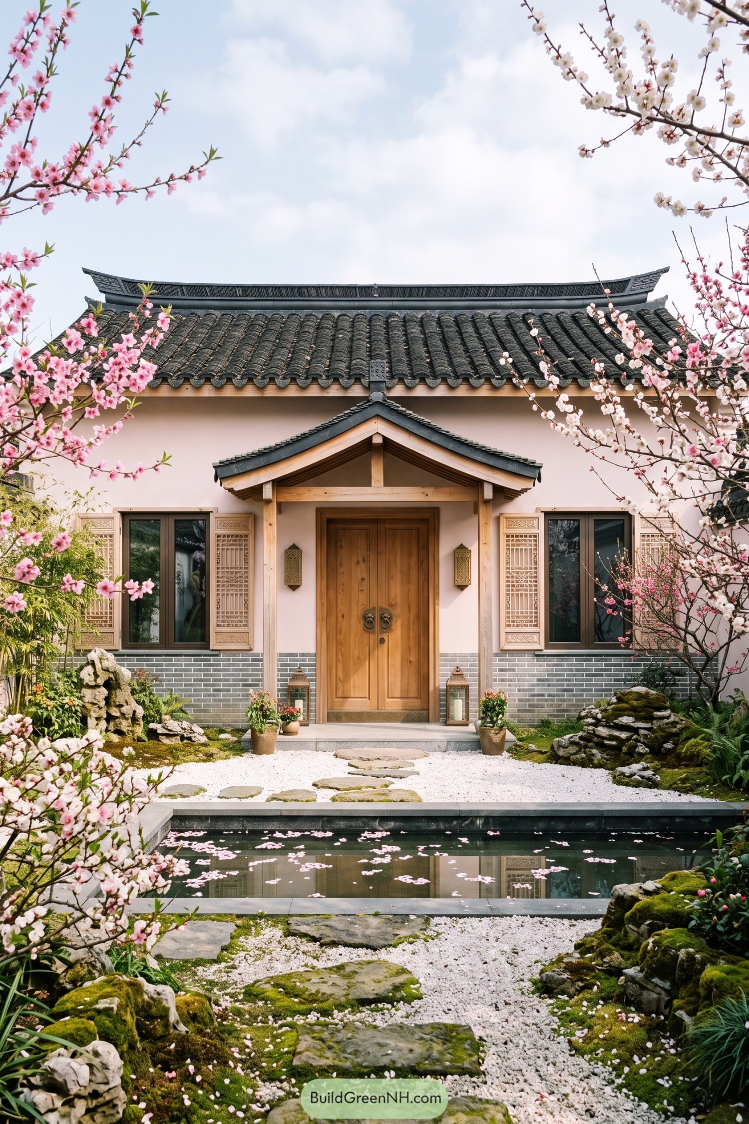 Traditional house with blossom trees and reflecting pool