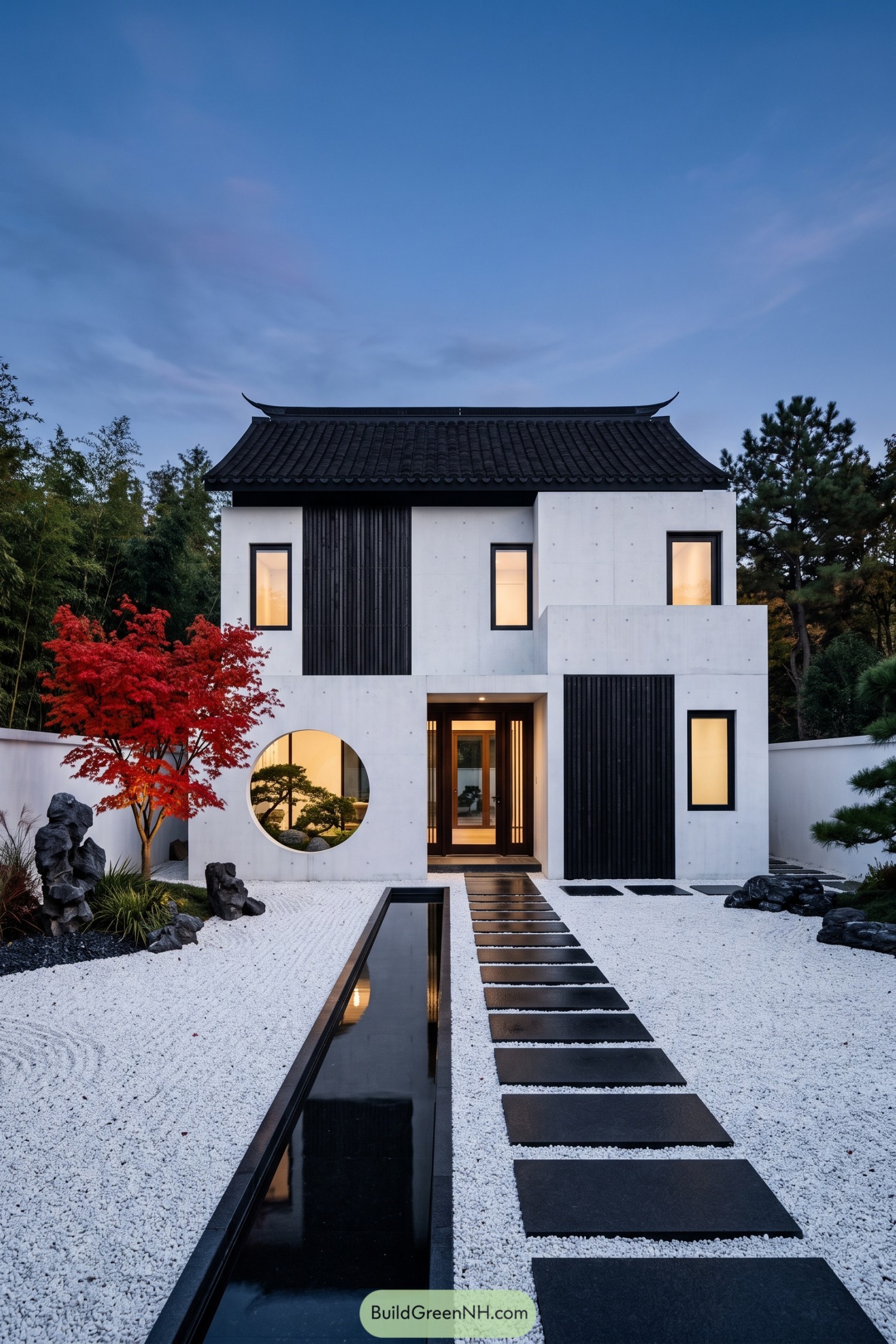 Modern Chinese house with a moon gate garden and black tiled roof