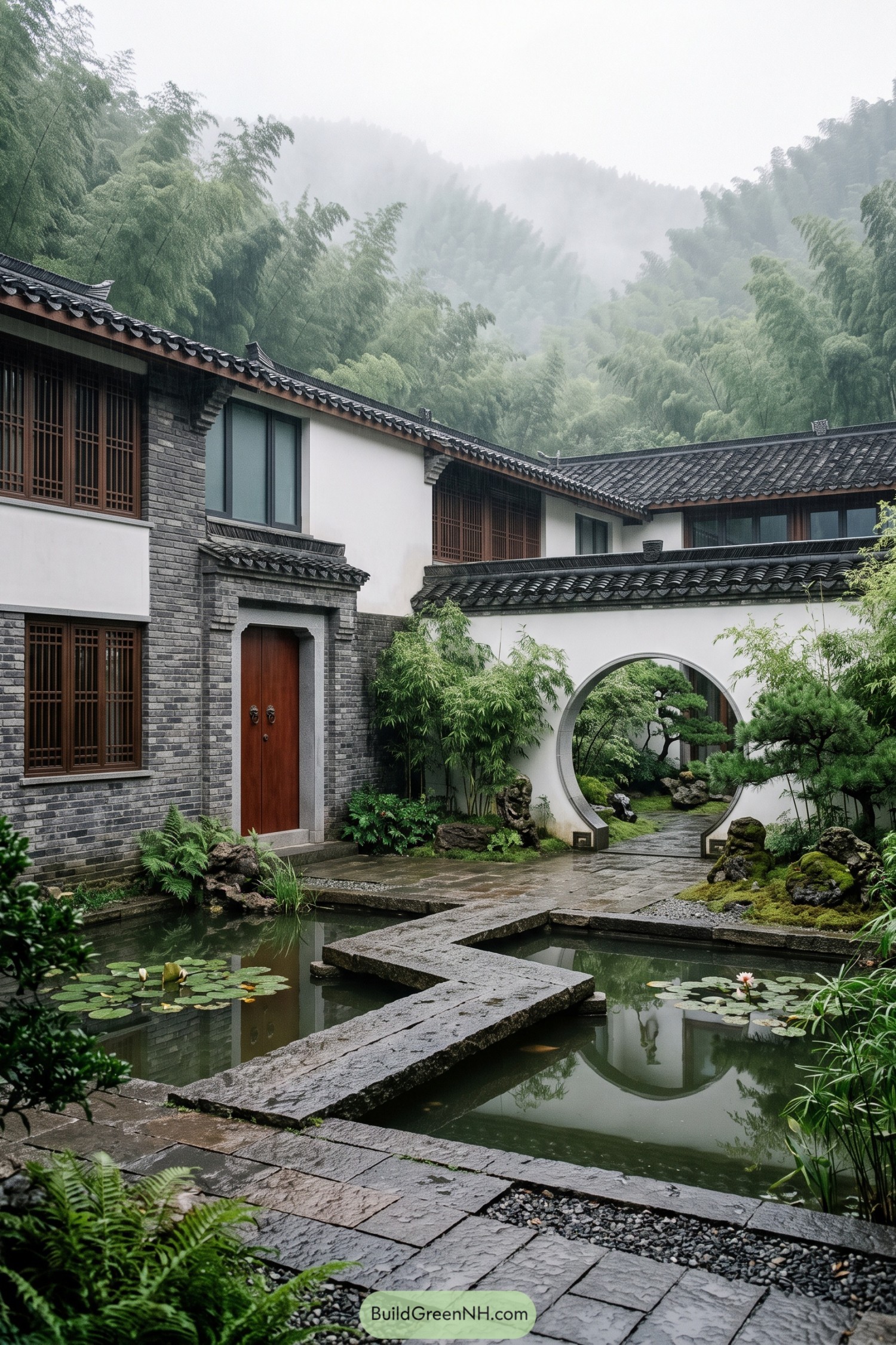 Traditional Chinese courtyard house with a moon gate pond and bamboo garden