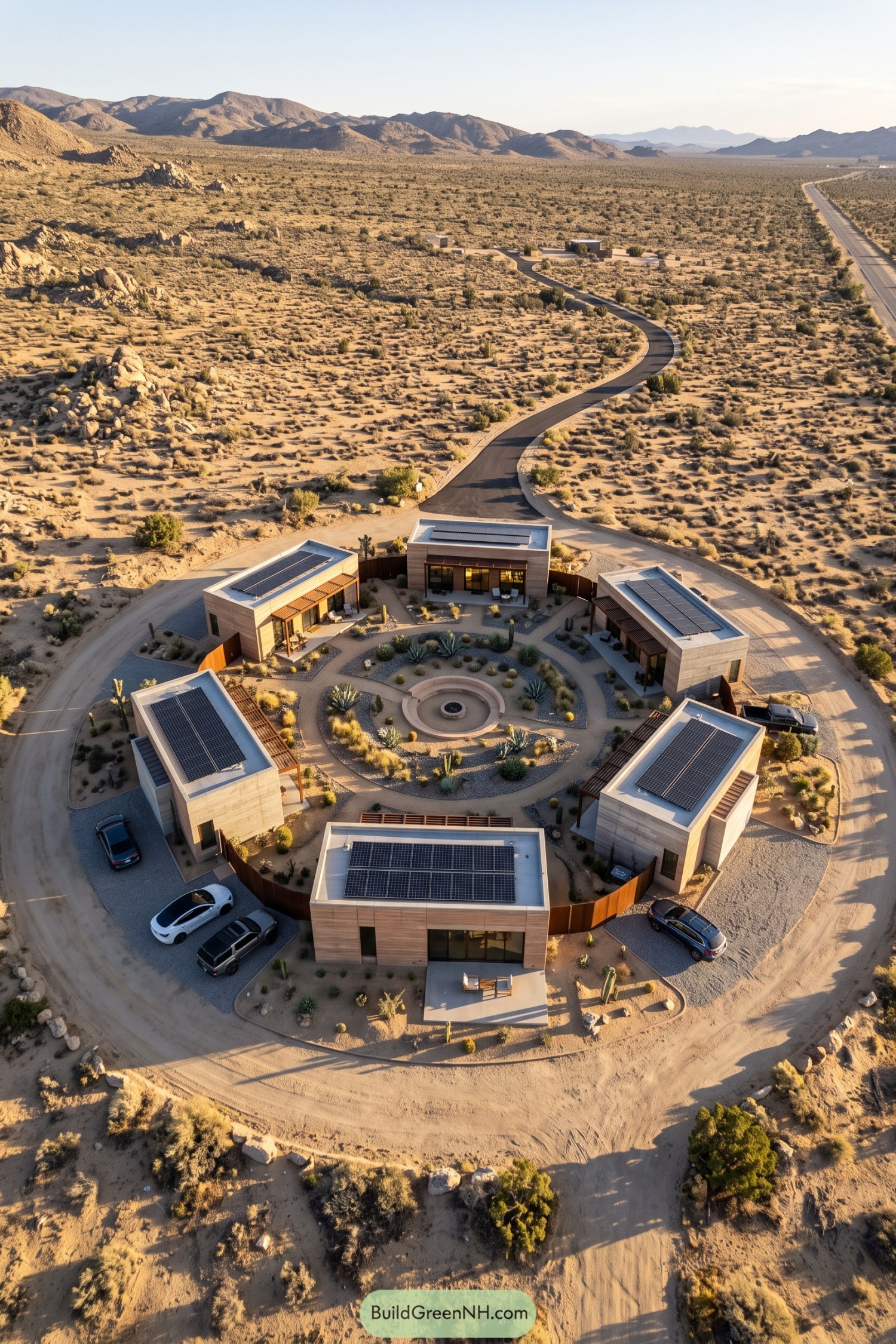 Six solar-paneled houses encircle a desert courtyard with curved paths and a central fire pit