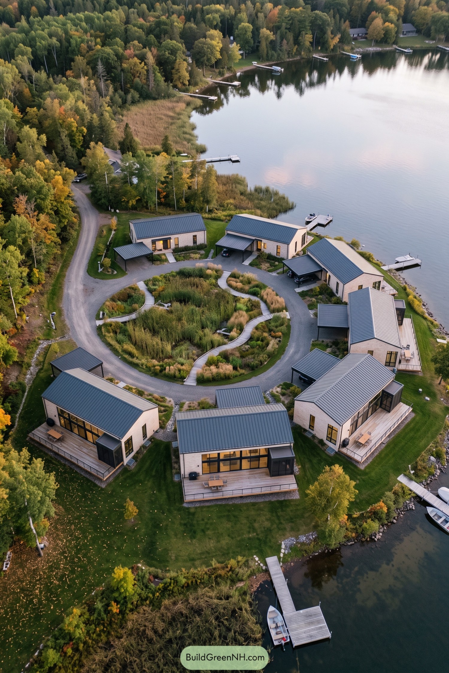 Aerial view of lakeside homes arranged around a planted circular court with winding boardwalks and waterfront decks