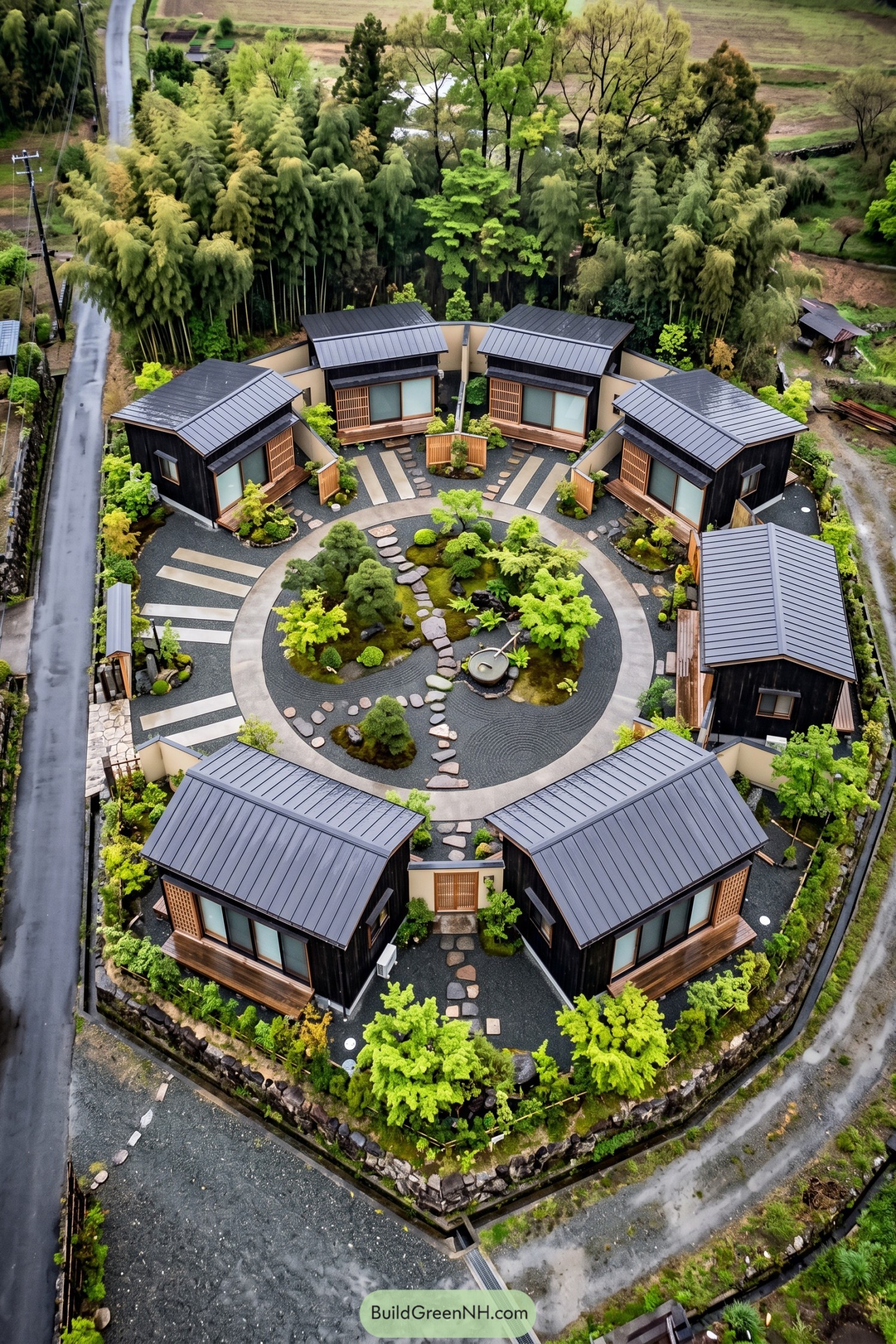 Aerial view of seven dark timber homes surrounding a circular Japanese inspired garden with raked gravel and stepping stones
