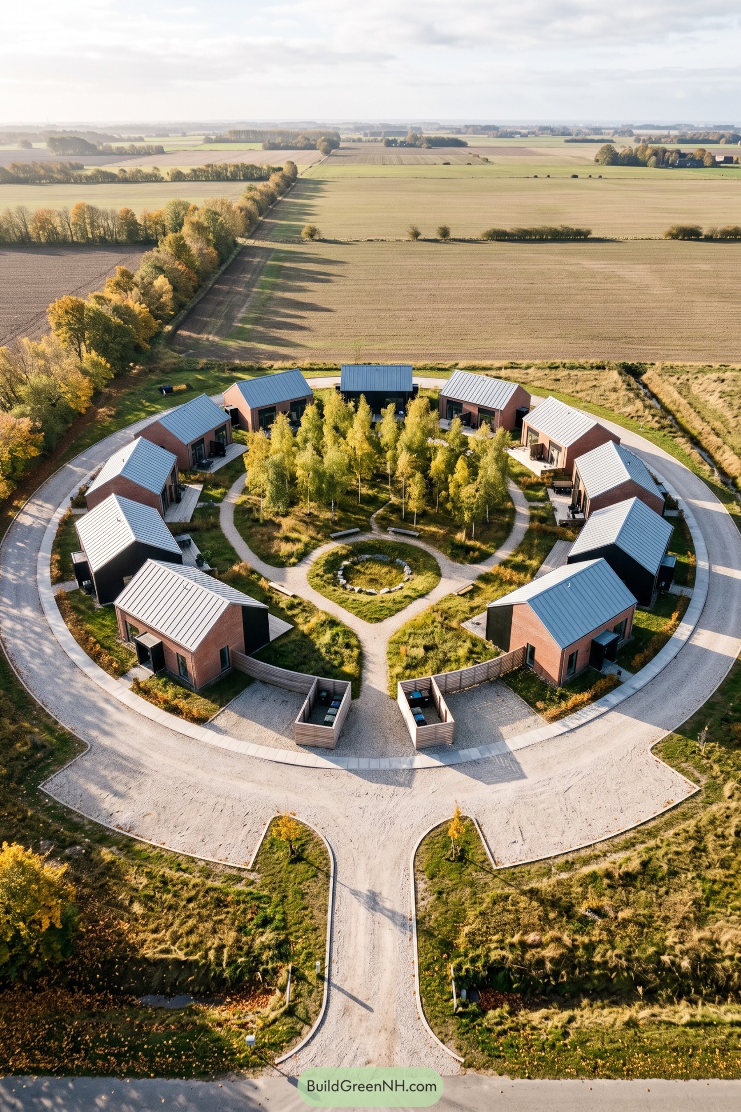 Aerial view of brick houses arranged around a leafy grove with winding paths and a circular outer road