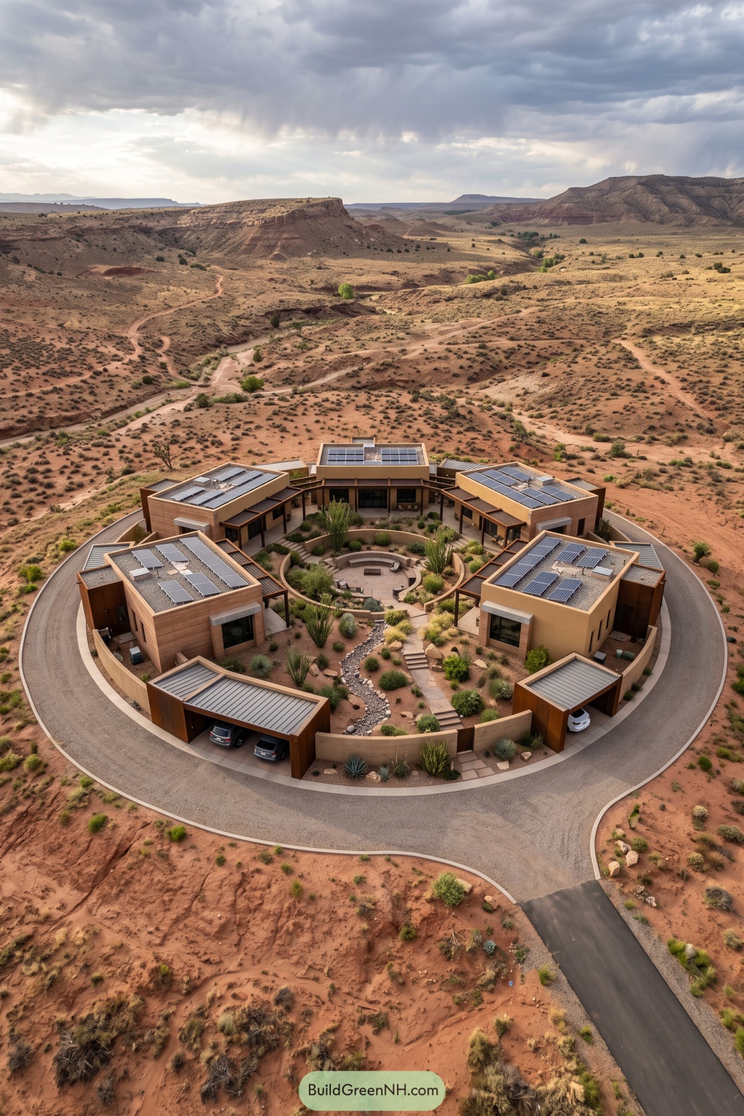 Five solar topped homes encircle a sunken courtyard with desert planting and a perimeter driveway