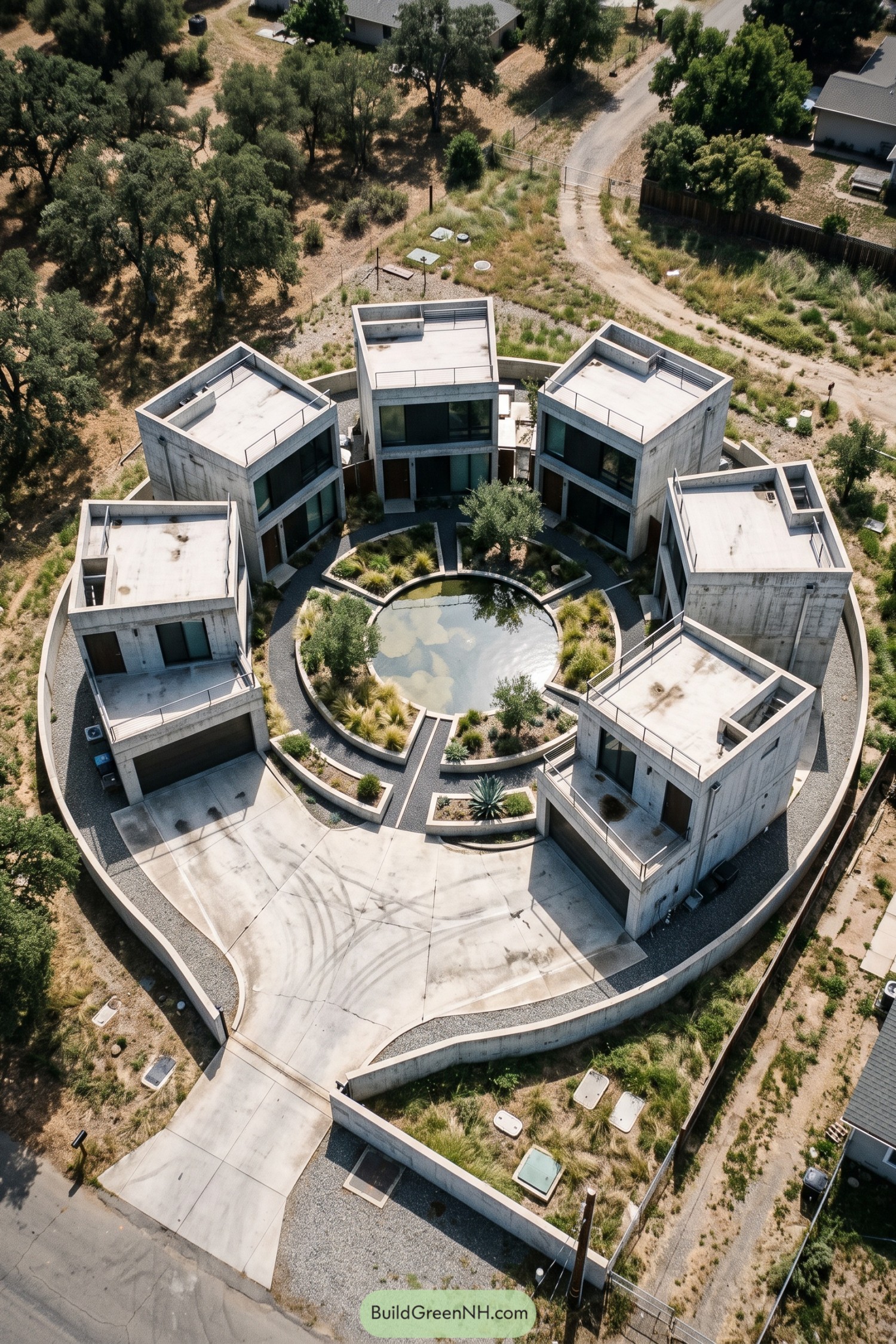 Six concrete homes encircle a round pond with planted beds and connecting paths