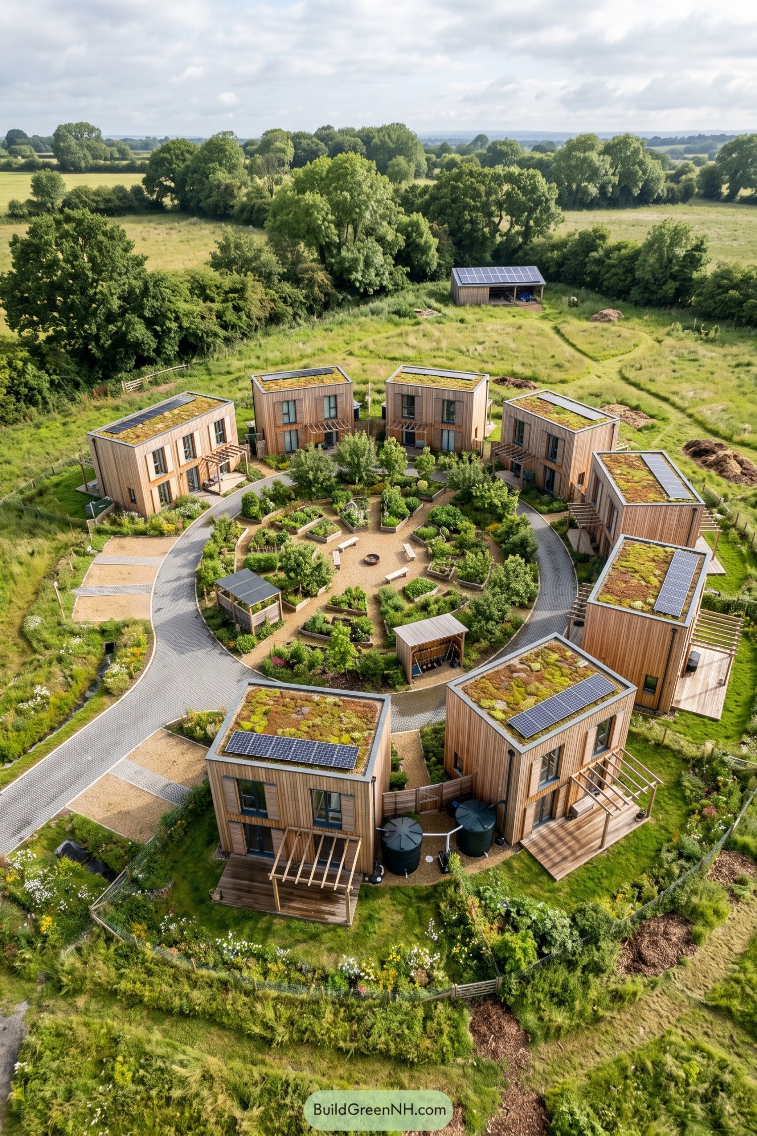 Aerial view of timber homes with planted roofs and solar panels surrounding a circular garden with raised beds and benches