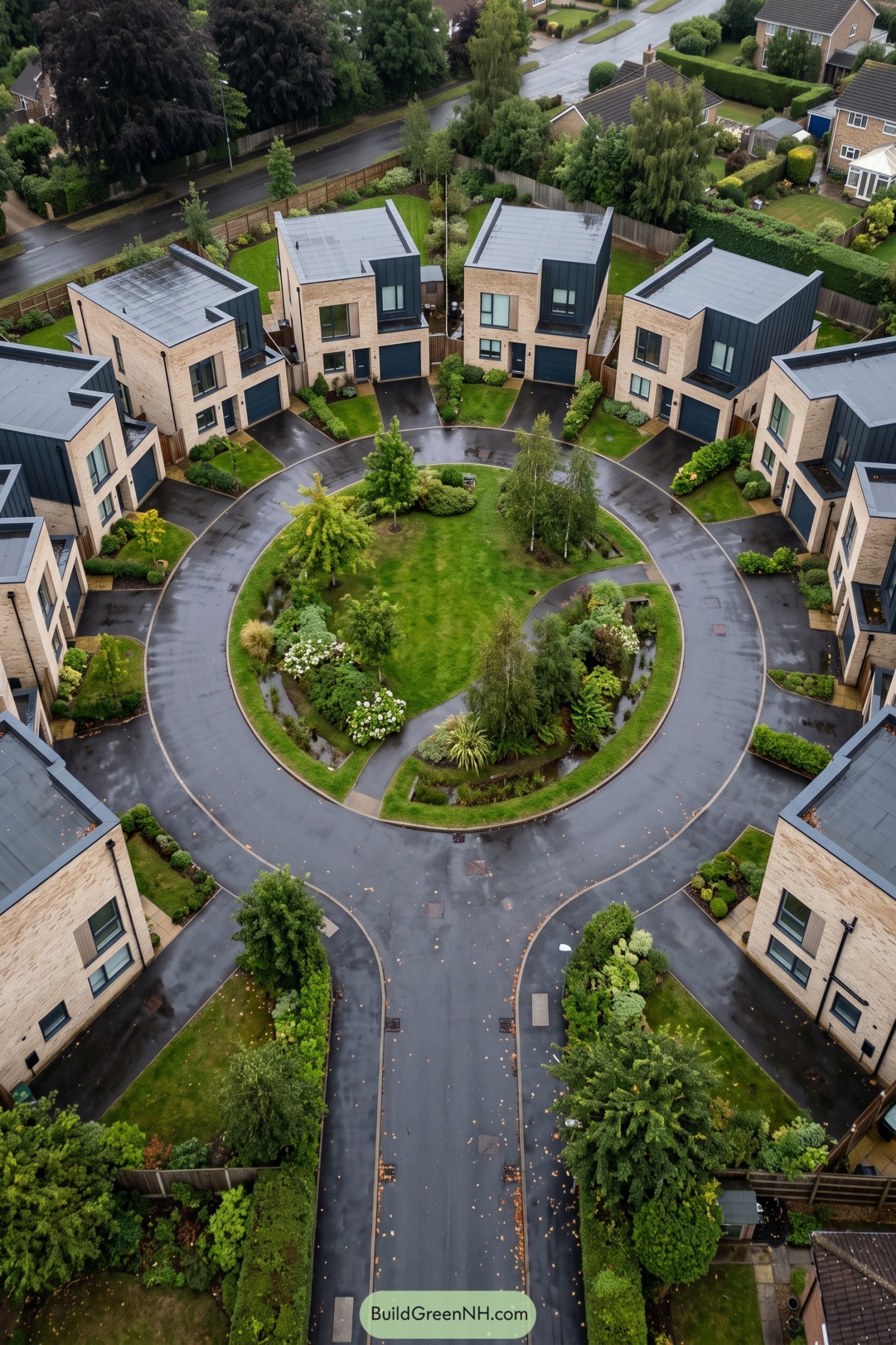 Aerial view of pale brick houses surrounding a circular drive and landscaped green with winding paths