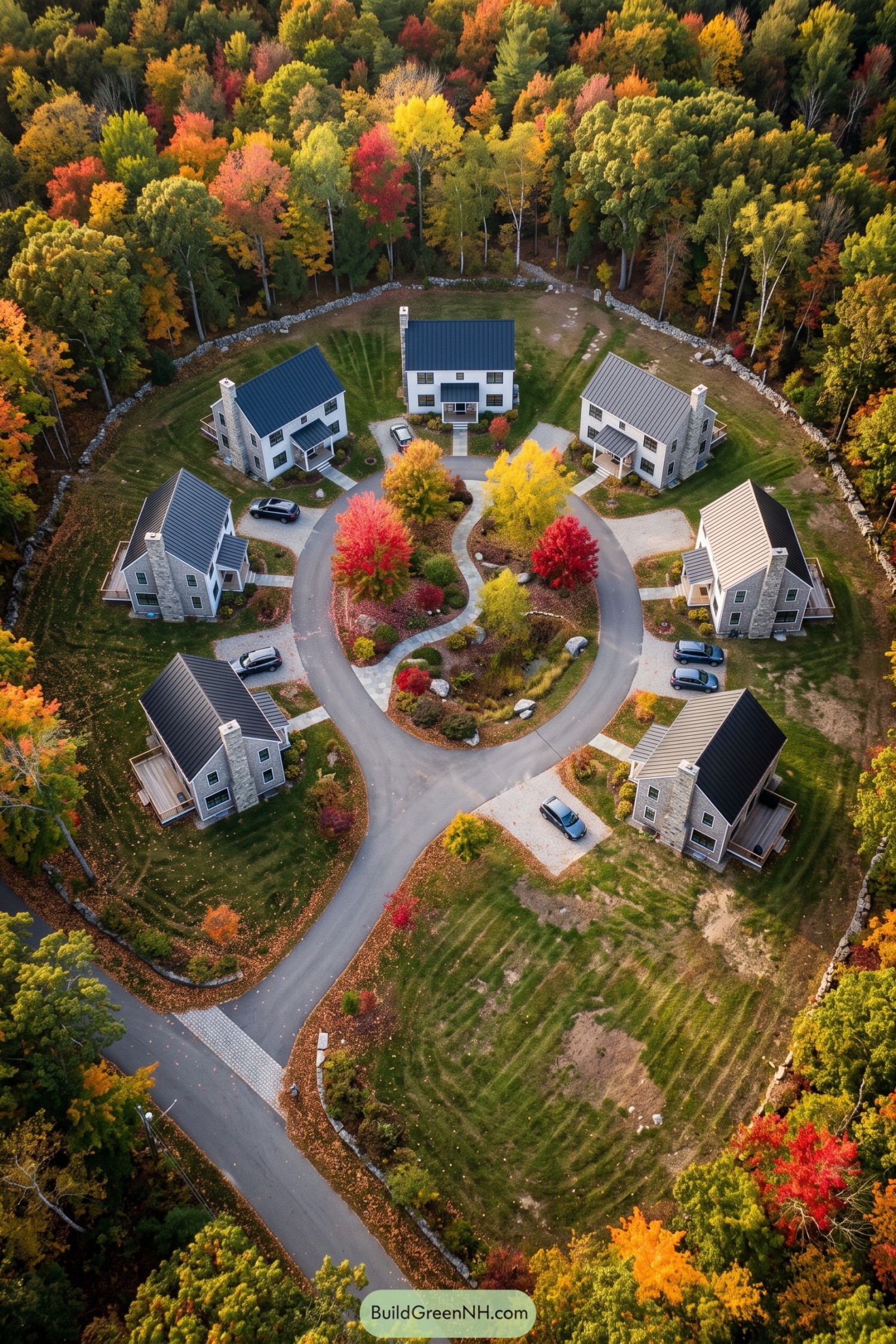 Seven gabled houses surround a landscaped island and looping driveway within colorful autumn woodland