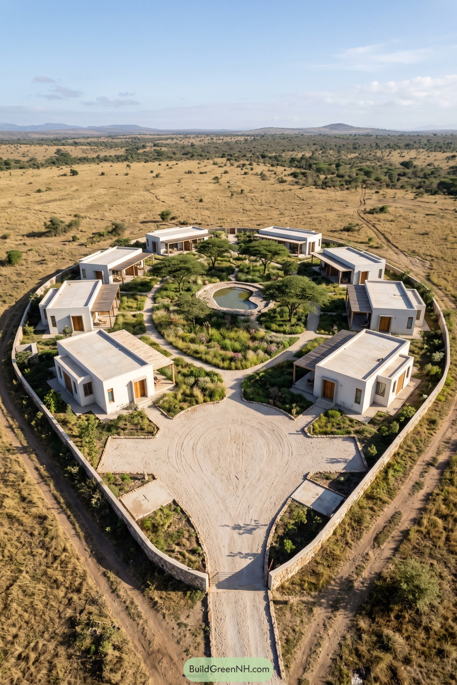 Eight white modern homes encircle a planted courtyard with spreading trees, gravel paths and a small pond in open savanna