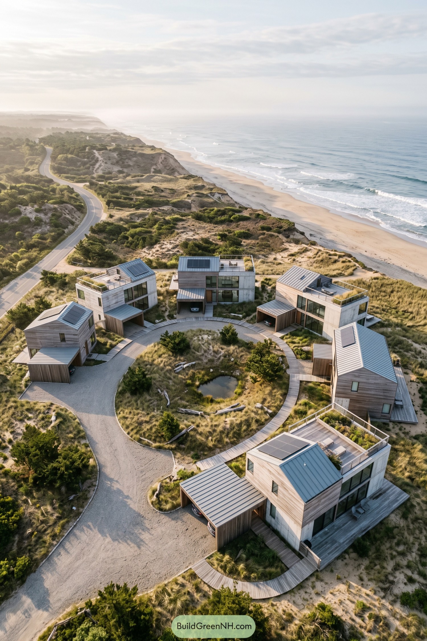 Six coastal houses arranged around a circular drive and grassy courtyard with a small pond